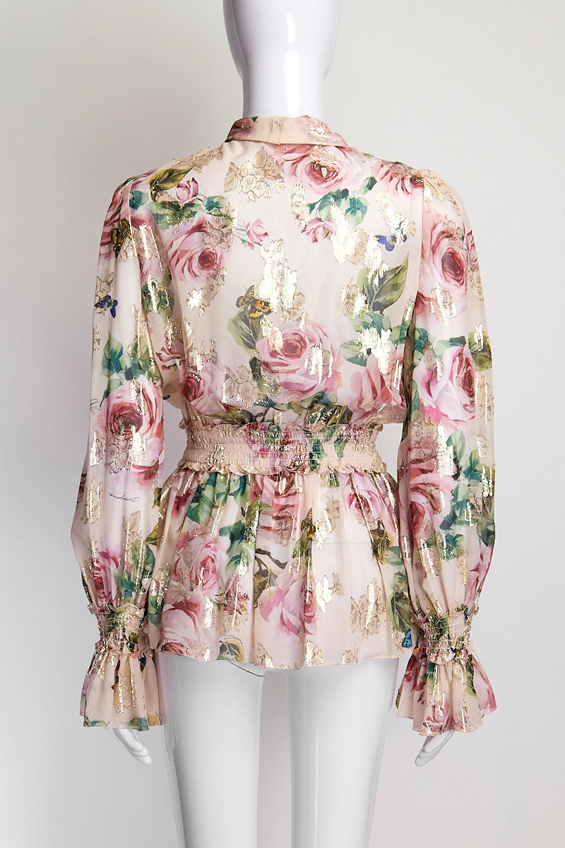 Dolce & Gabbana Pink Floral Blouse with Necktie