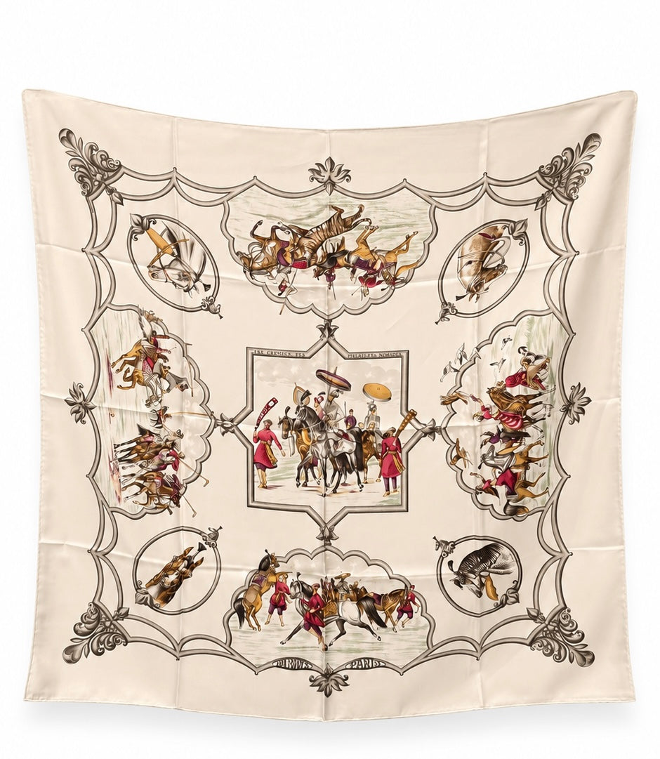 Hermès Les Chevaux Des Moghols Cream Silk Scarf