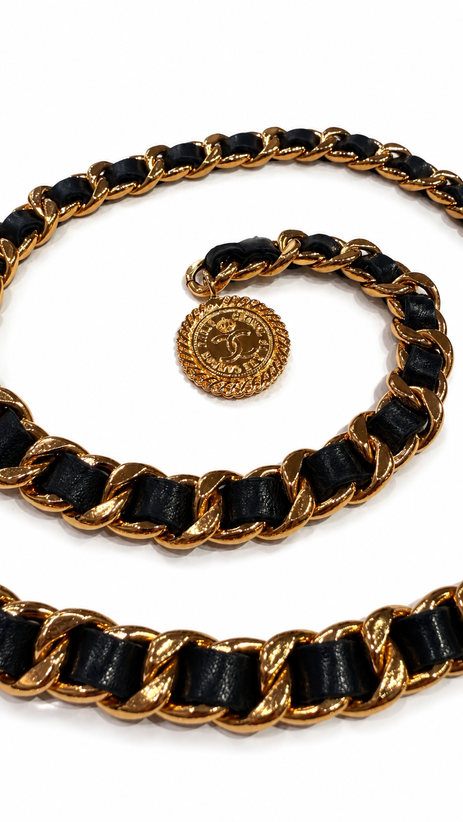 CHANEL VINTAGE BLACK LEATHER AND GOLD CHAIN BELT WITH LOGO CHARM