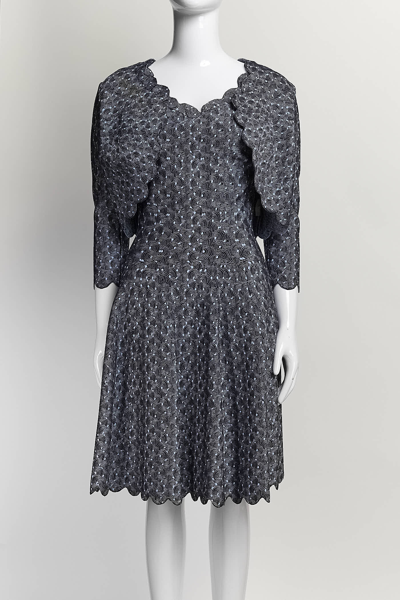 Alaia Blue Patterned Dress with Matching Crop Cardigan S 1132Consignment Alaia Blue Patterned Dress with Matching Crop Cardigan S 1132Consignment