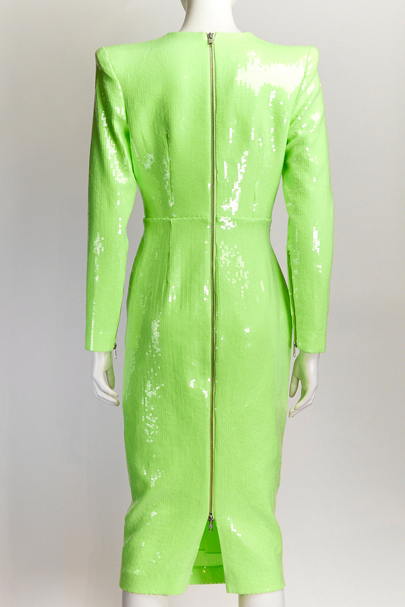 Alex Perry Crew Neck Midi Length Neon Green Sequin Dress US10