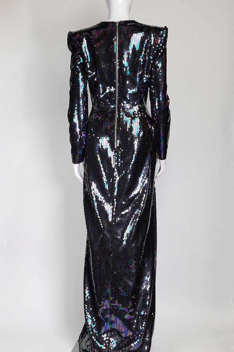 Alex Perry Iris Petrol Blue Sequins Shoulder-Padded Draped Dress UK 16