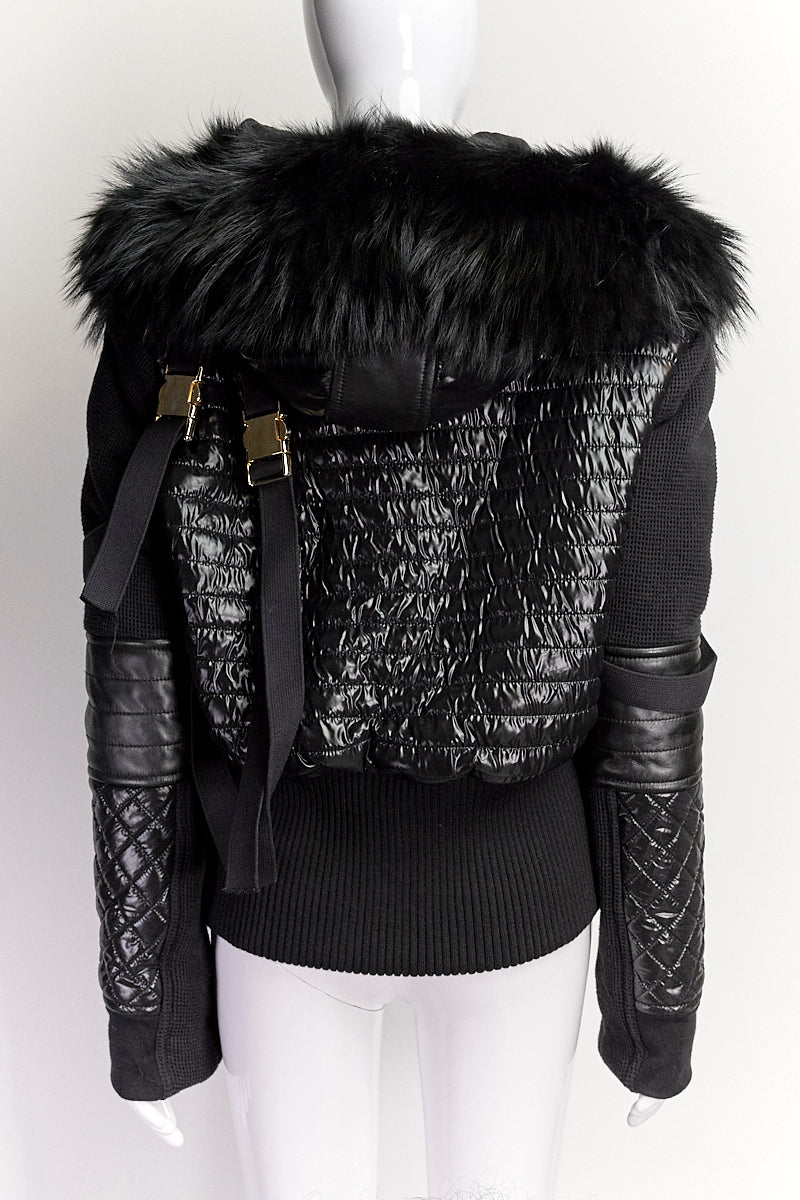 BALMAIN BLACK NYLON QUILTED/HARNESS JACKET WITH FUR HOOD IT38