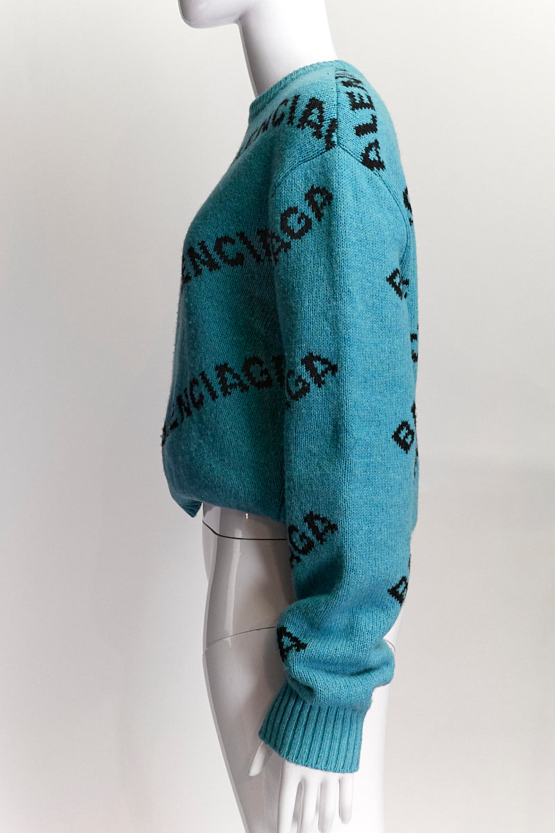 Balenciaga Jacquard Logo Crew Neck Turquoise Sweater IT36