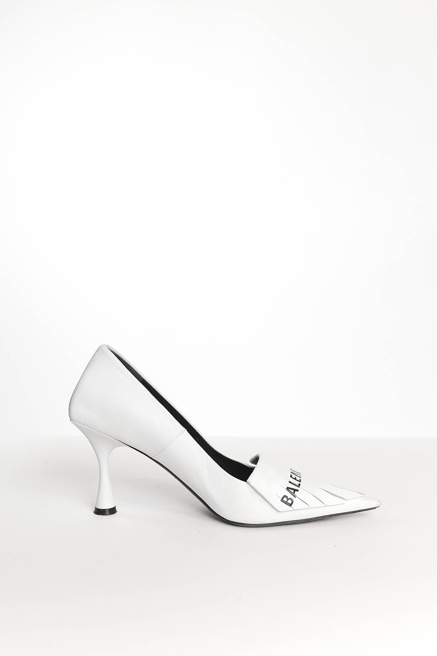 Balenciaga White Heels with Logo Printed on Fringe Toe 38.5