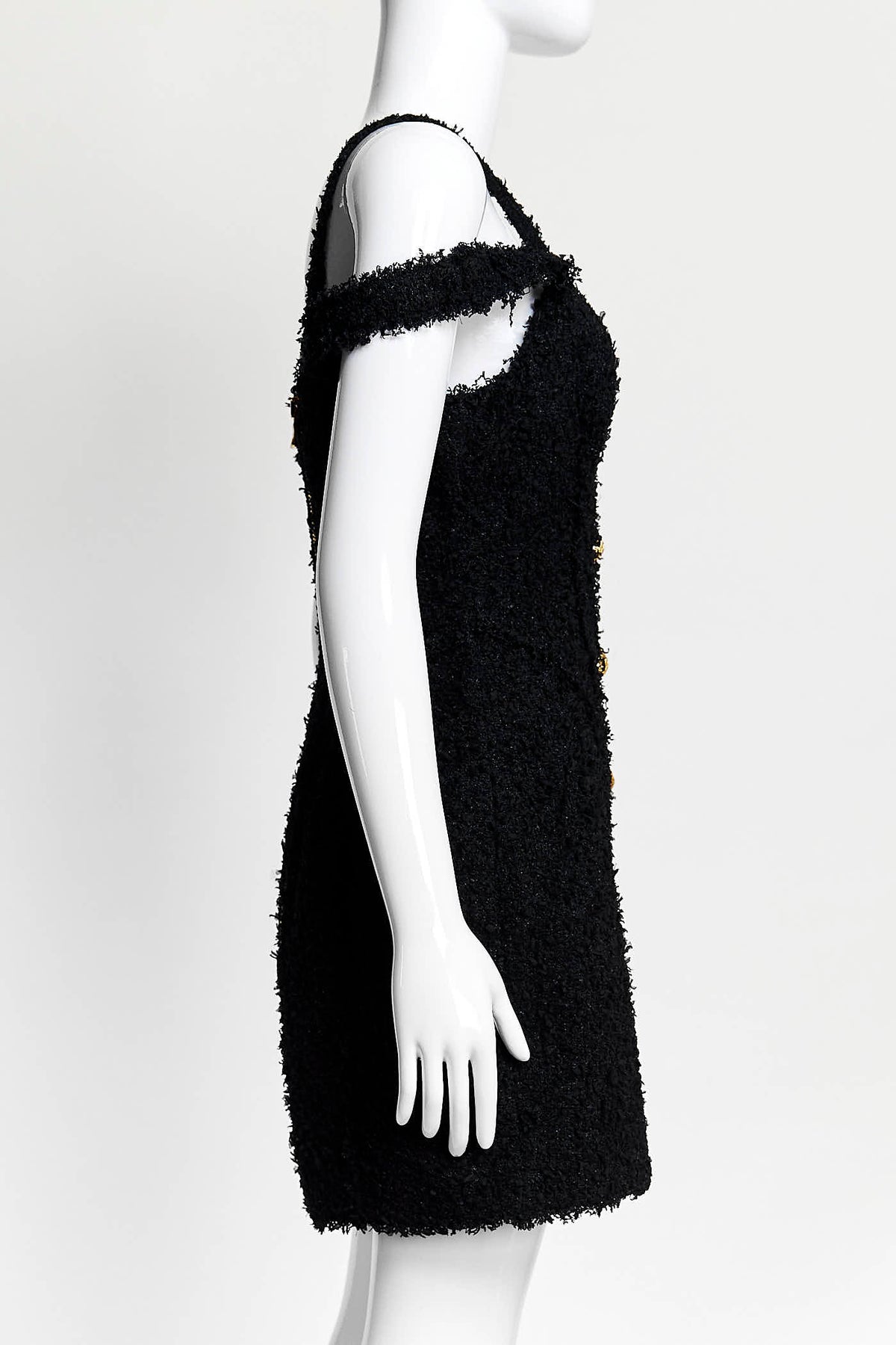 Balmain Black Textured Tweed Fabric Dress with Gold Buttons 38