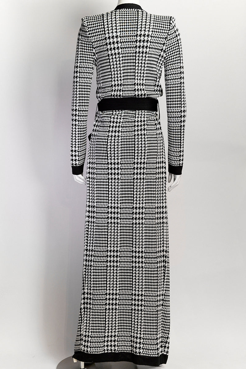 Balmain Houndstooth Patterned Knit Belted Long Cardigan/Skirt Set IT38