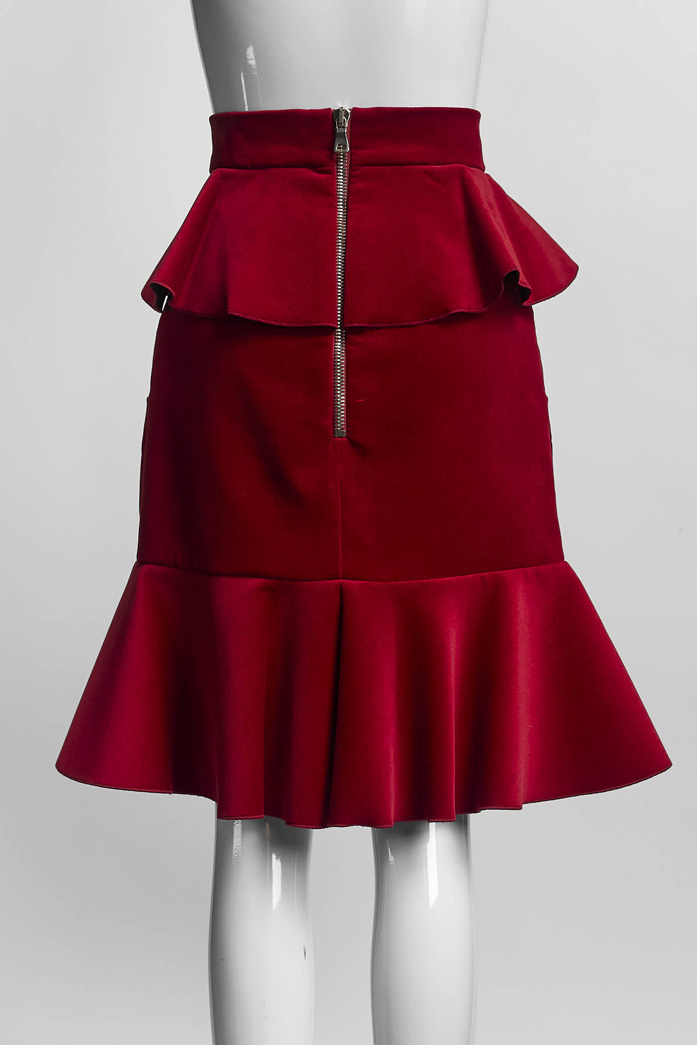 Balmain Ruffled Red Velvet Skirt 38