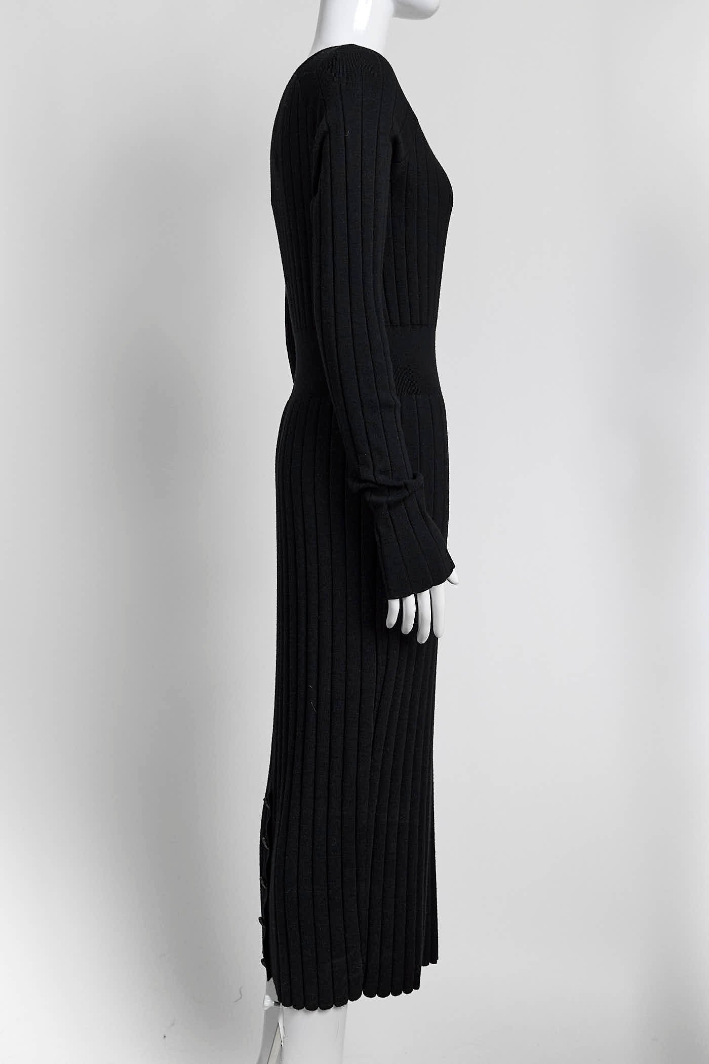 Chanel Black Ribbed Knit Dress with Buttons Detail 38