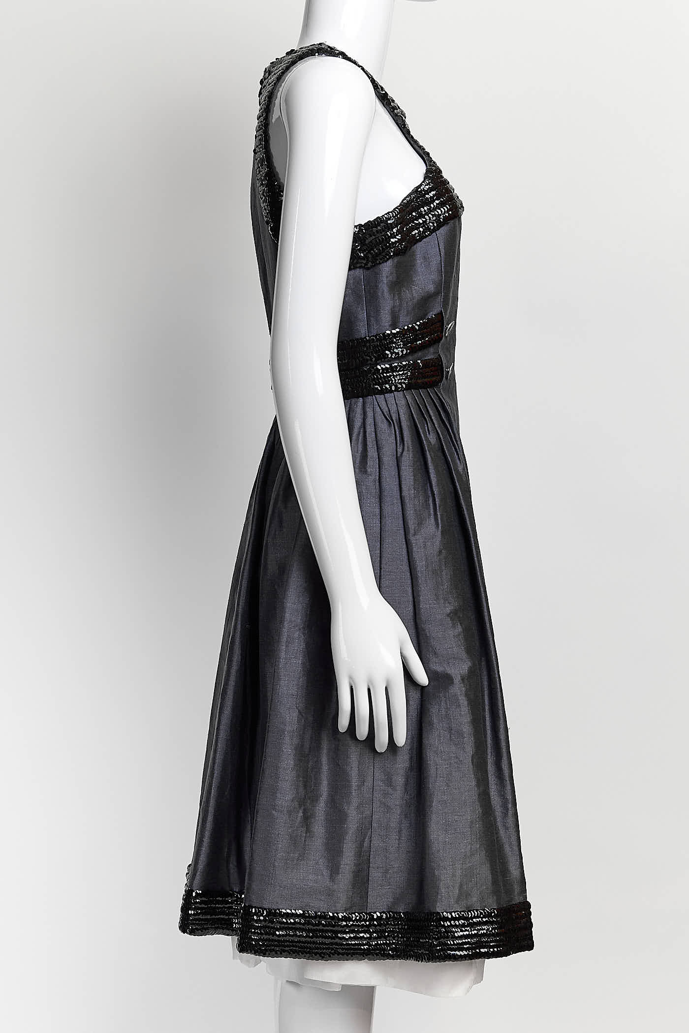 Chanel Black Sequin Blue Linen Dress 38
