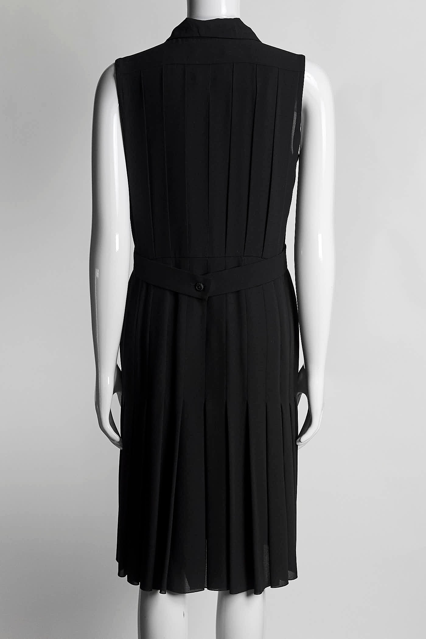 Chanel Black Sleeveless Dress with Pleated Detail on Neckline 38
