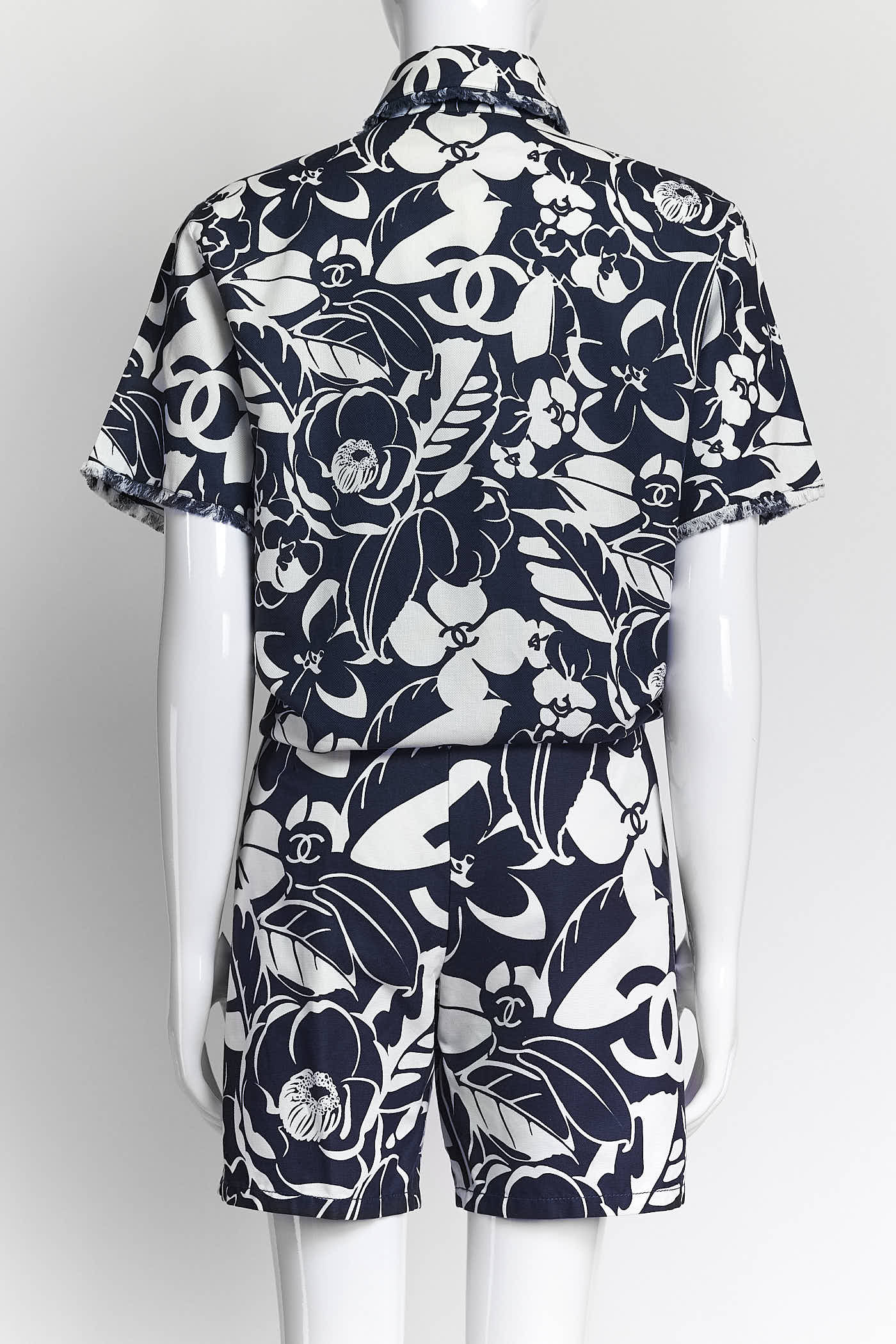 Chanel Navy/White Camellia Pattern Shirt/Short Set 34