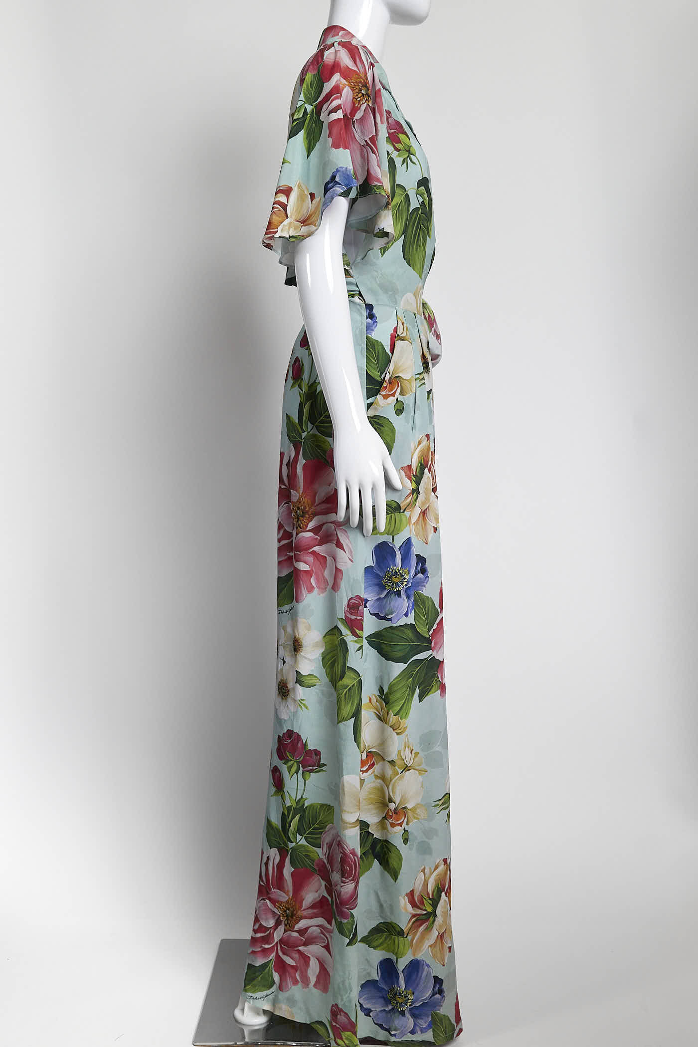 Dolce & Gabbana Blue with Floral Printed Silk Jumpsuit 40