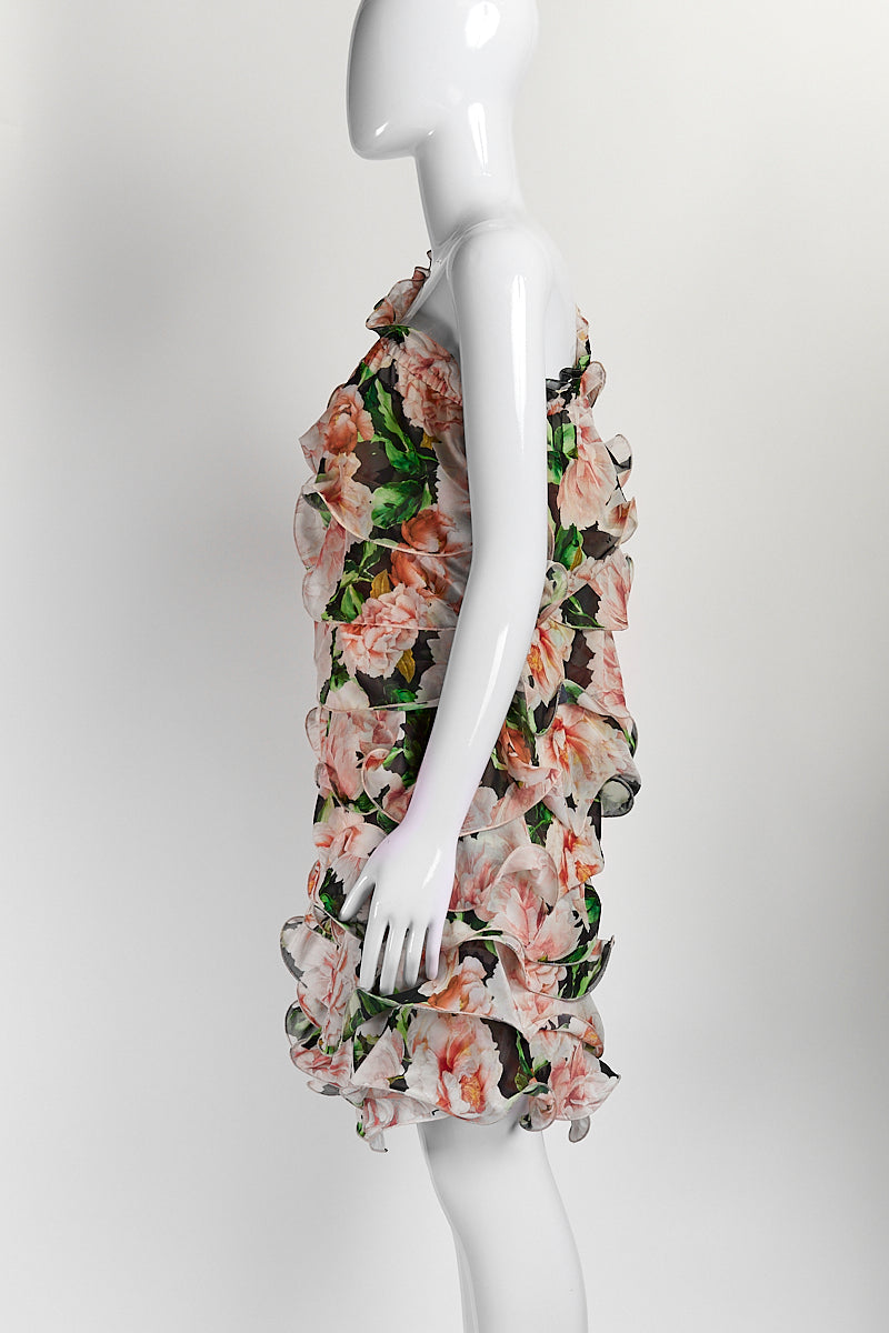Costarellos One Shoulder Ruffled Floral Print Dress 38