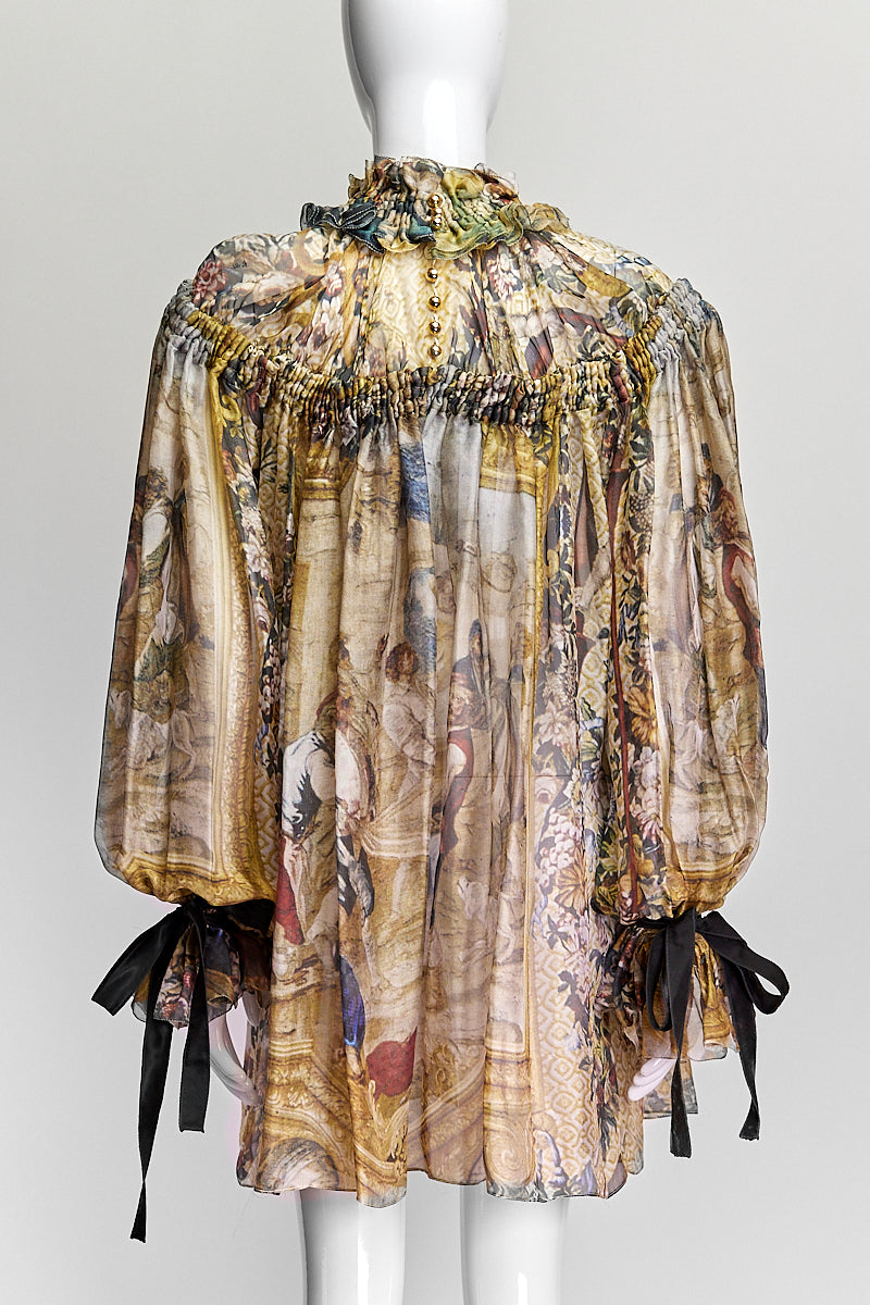 D&G Multicolor Printed Silk Gathered & Ruffled Long Sleeve Tunic M