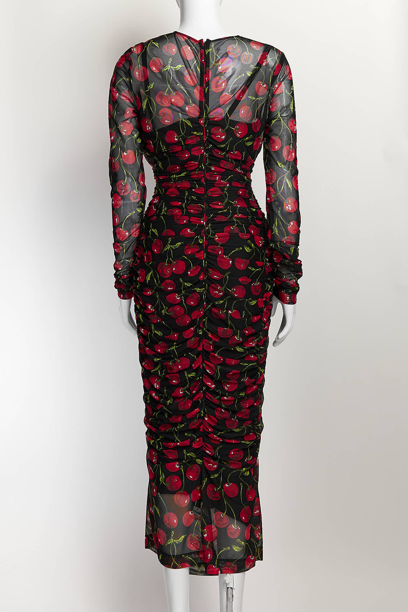 Dolce & Gabbana Cherry Printed Ruched Tulle Dress 44