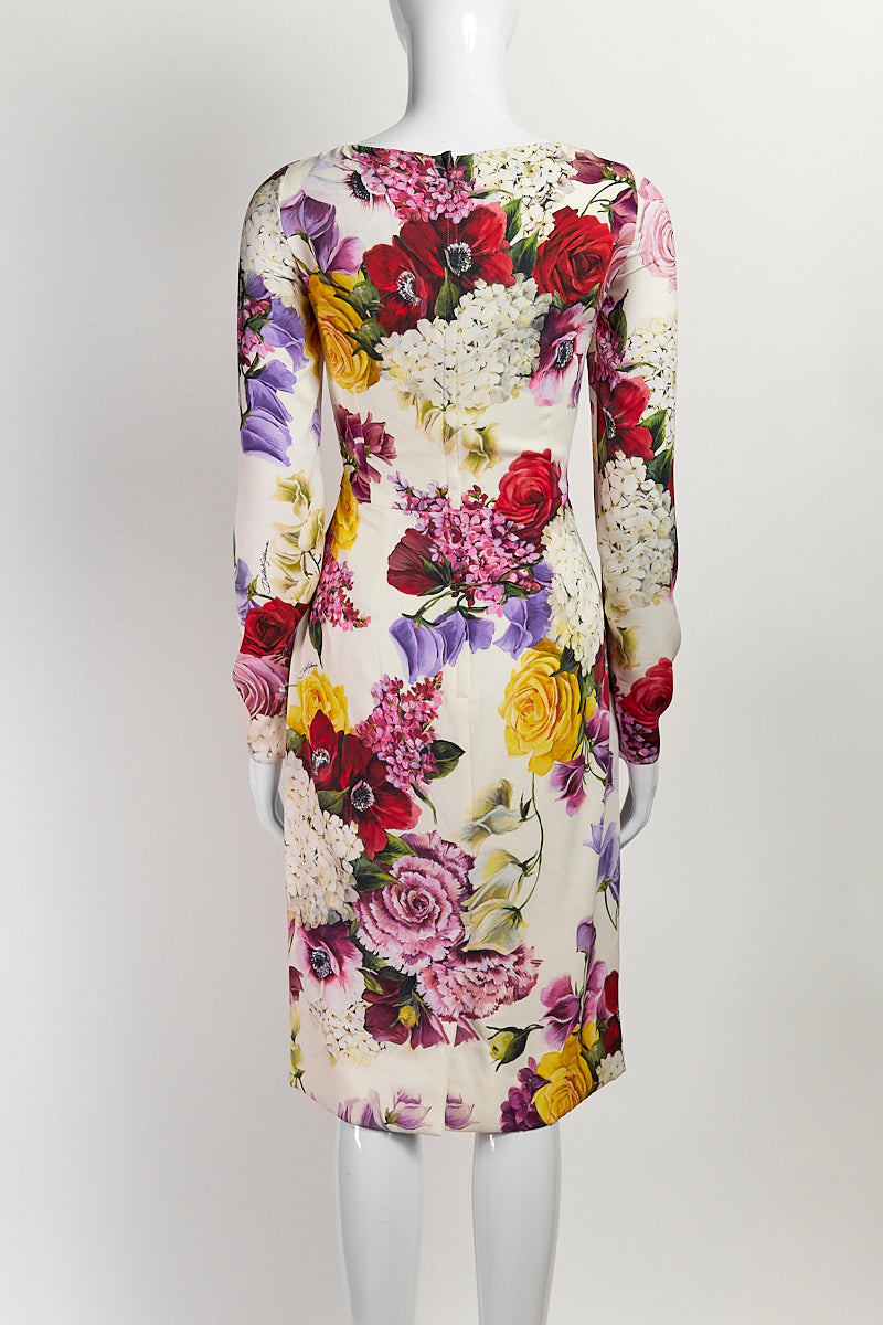 Dolce & Gabbana White Floral Print Silk Long Sleeve Dress 42