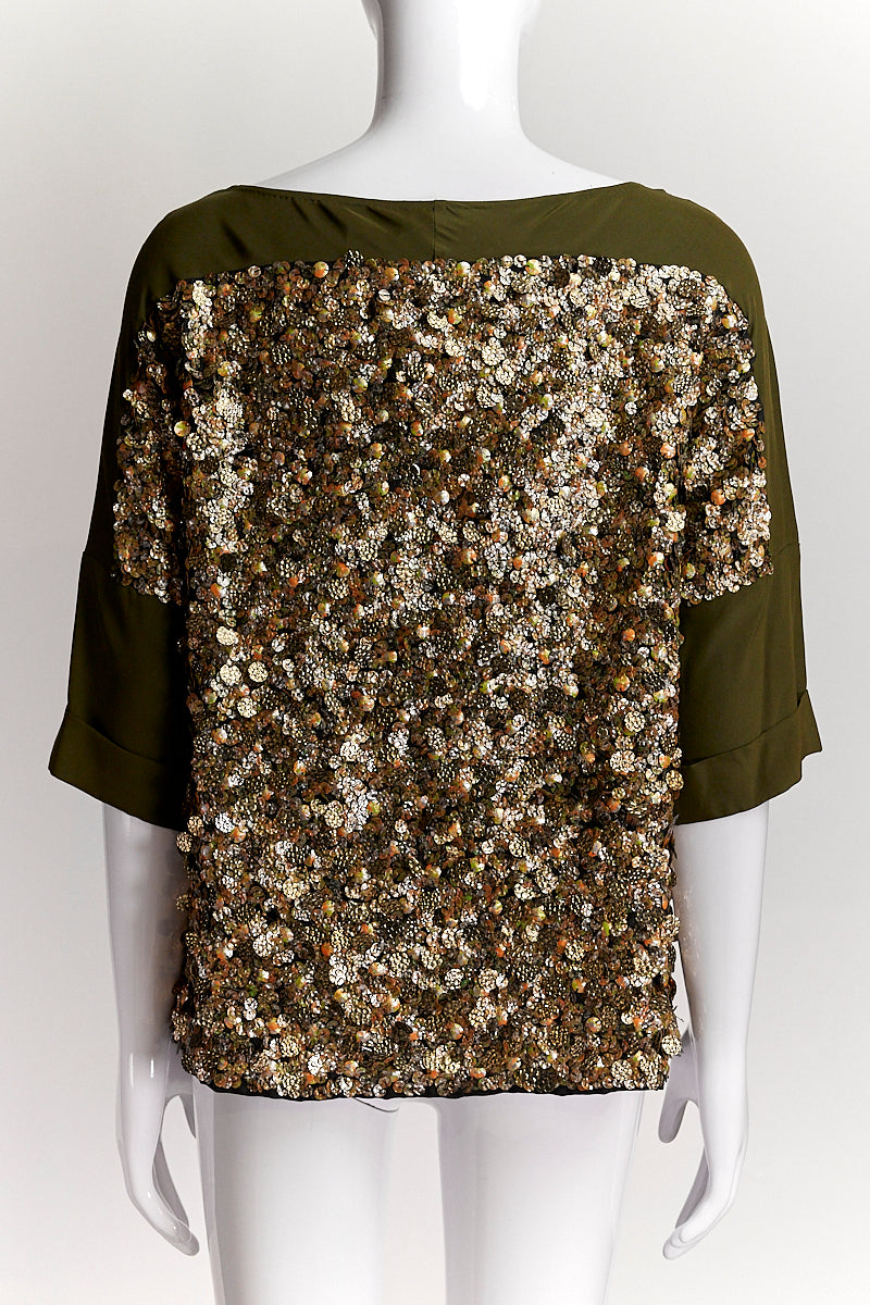 Dries Van Noten Khaki Green Sequined Silk Blouse IT38