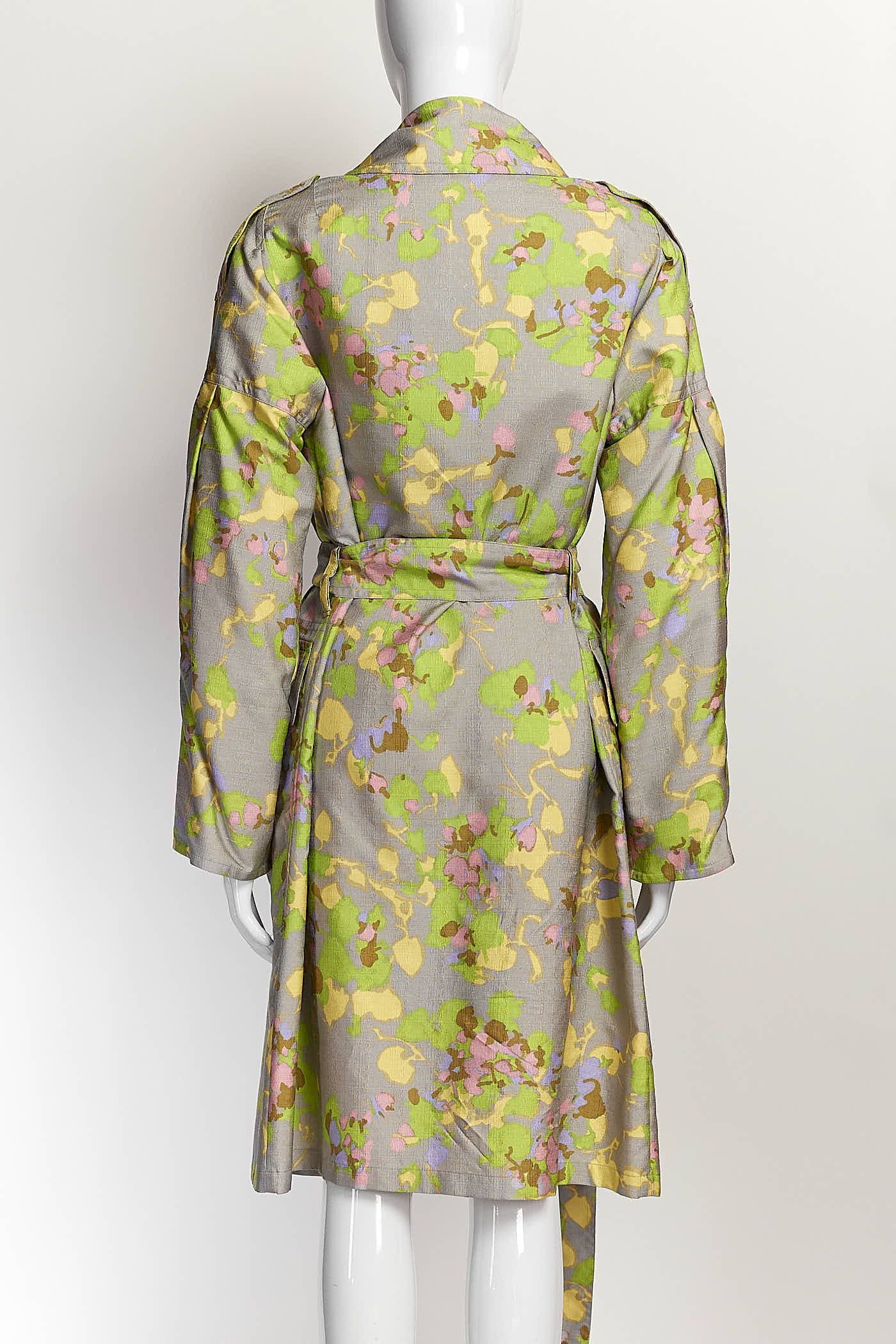 Dries Van Noten Light Grey Multicolor Patterned Trench Coat M