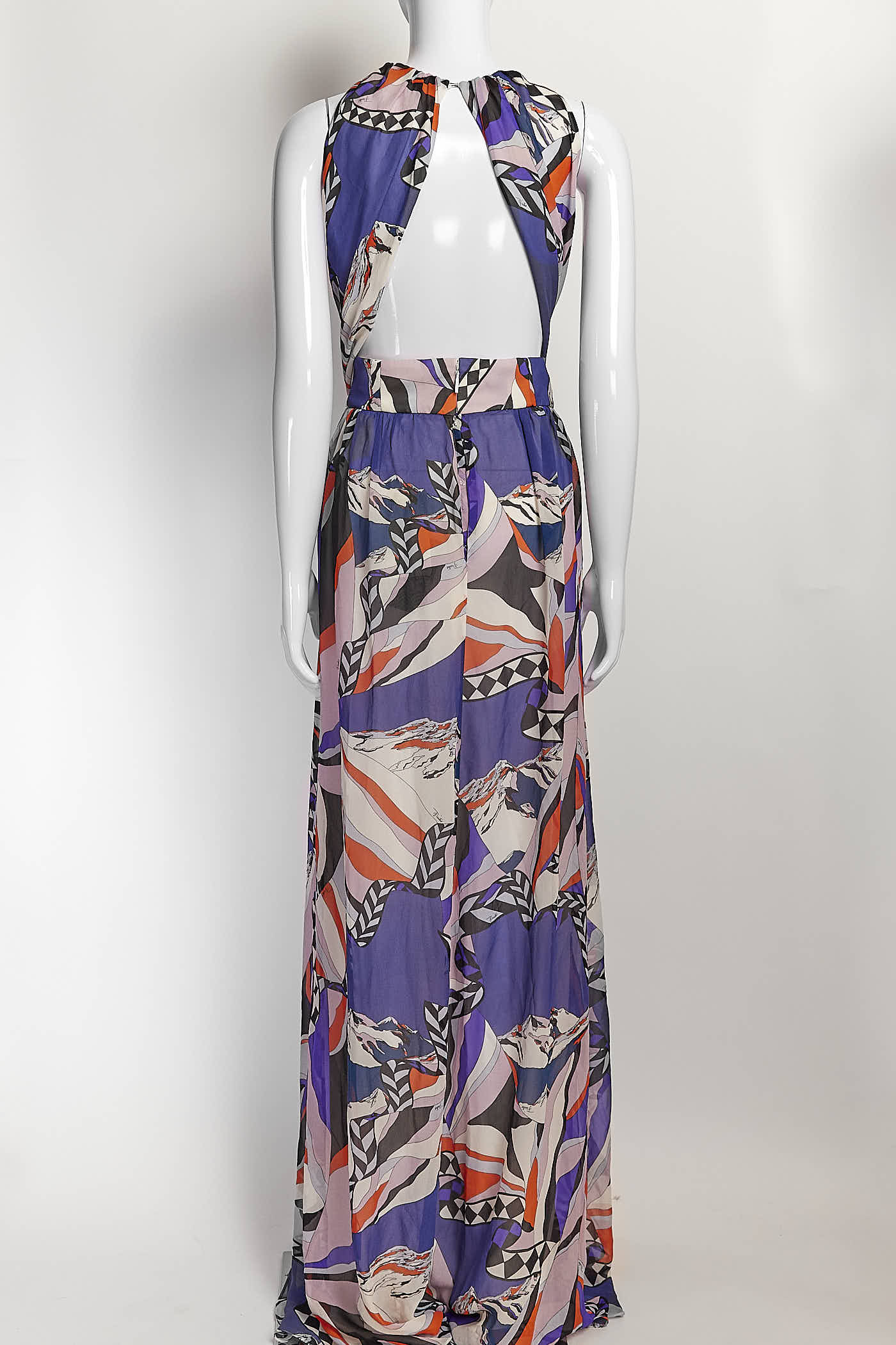 Emilio Pucci Purple Silk Patterned Open Back Gown 46