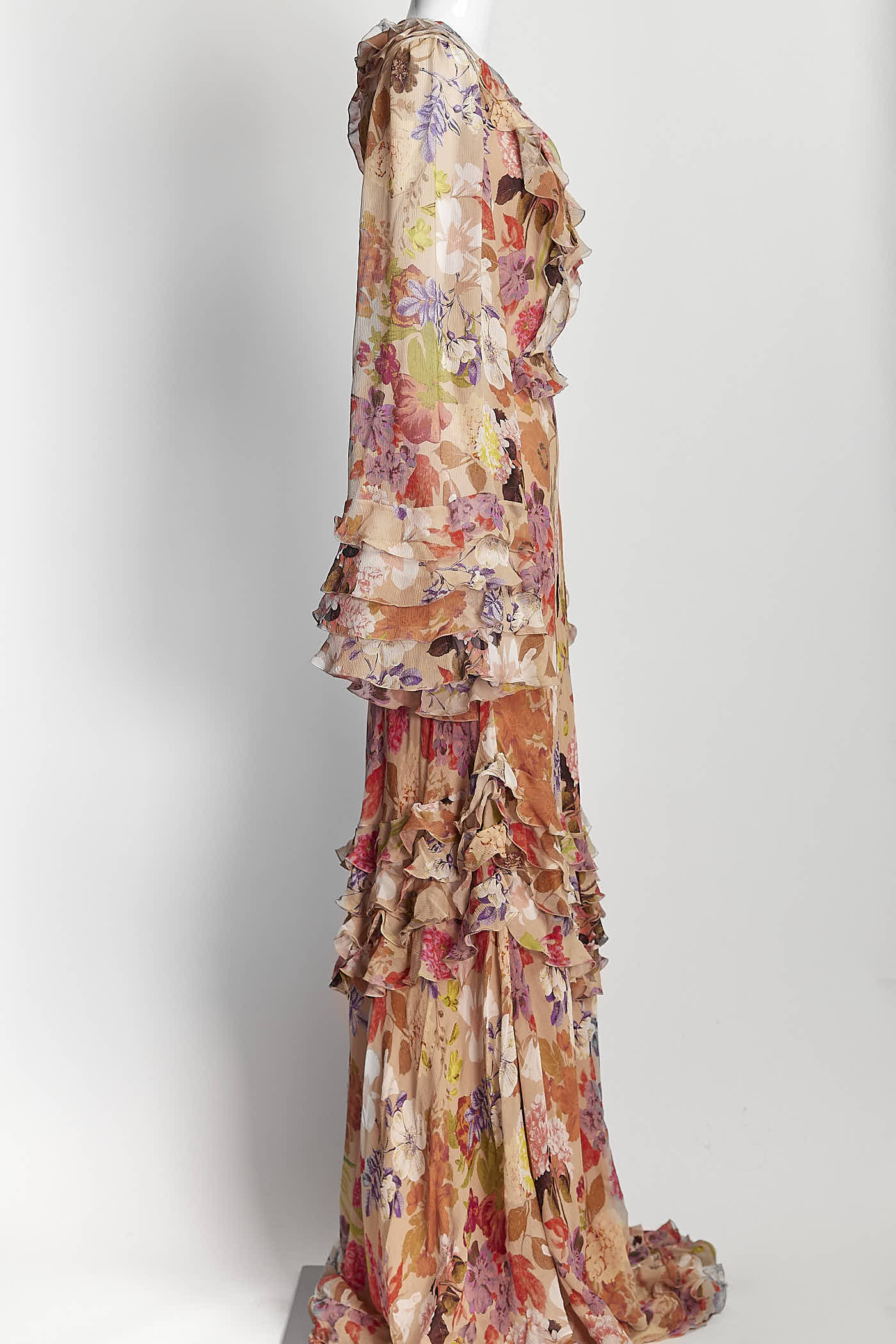 Etro Floral-Print Ruffle Open-Back Gown 44