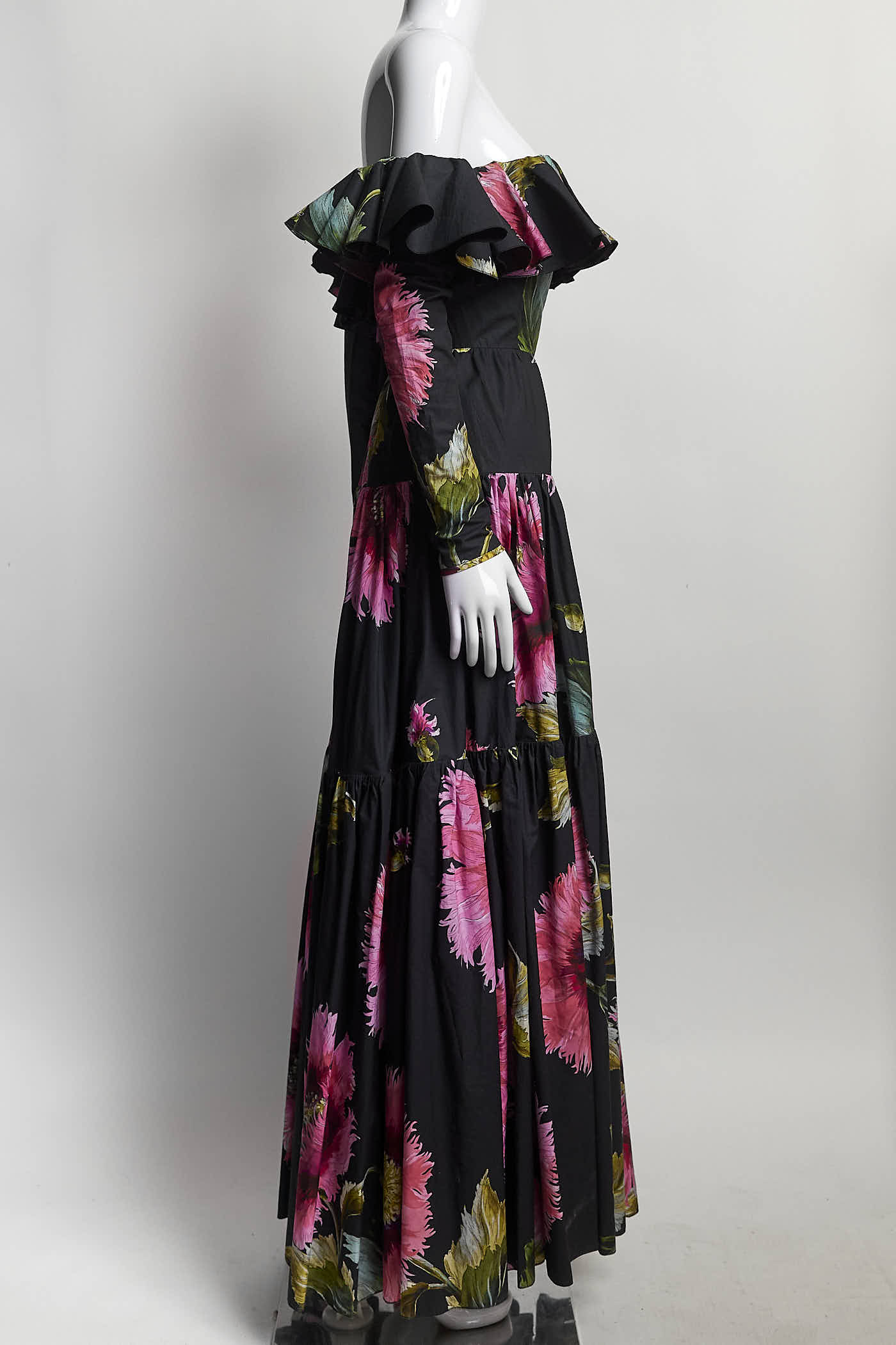 Giambattista Valli Off Shoulder Black with Pink Floral Patterned Dress 42