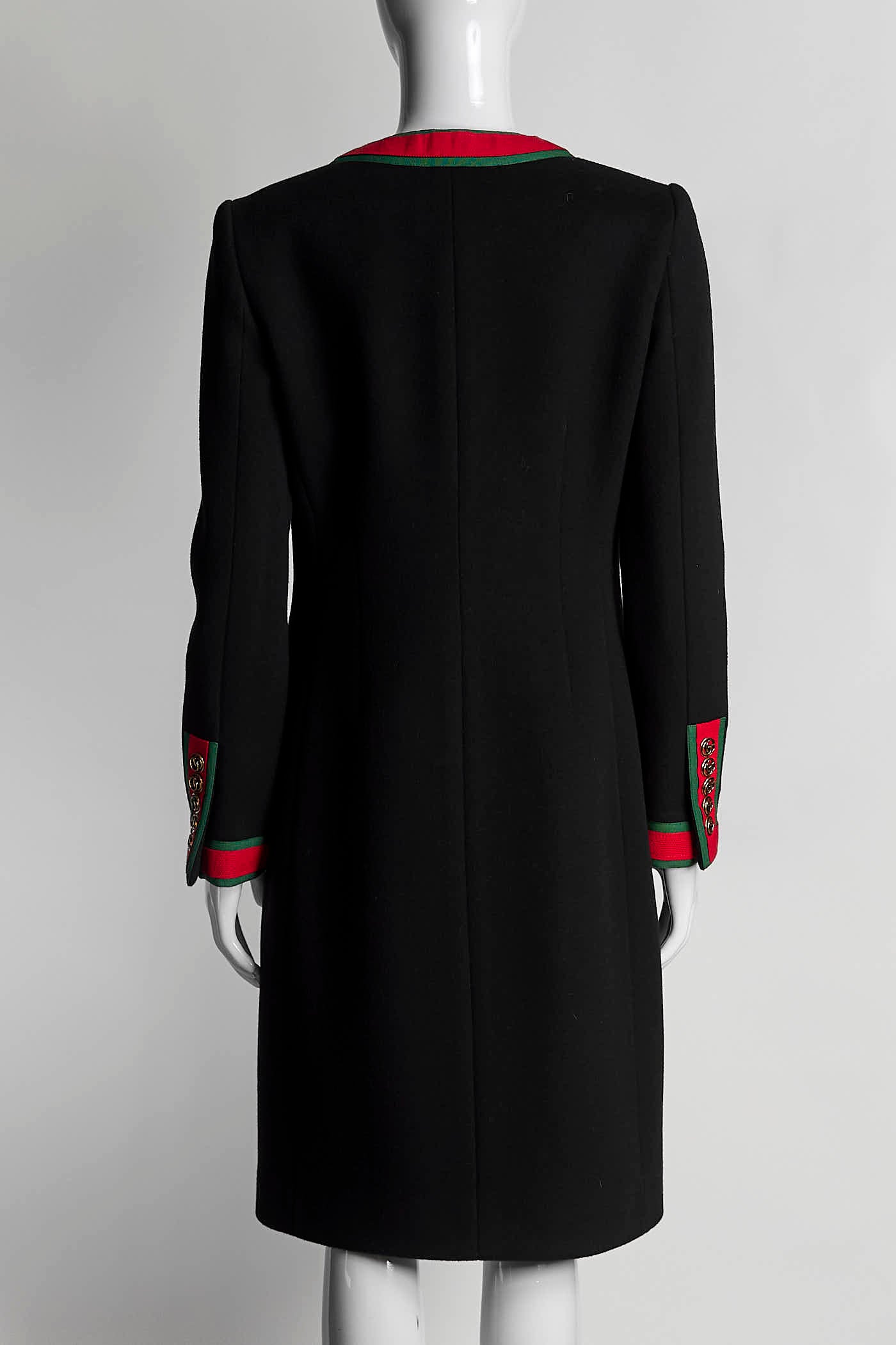 Gucci Black Button Up Coat Dress with Green/Red Striped Detail 38