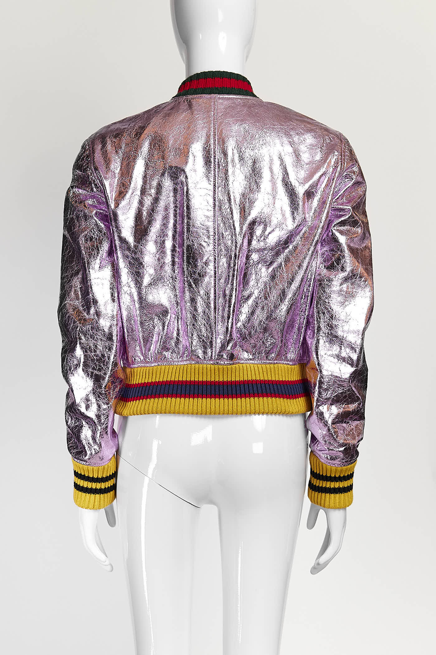 Gucci Embroidered Metallic Leather Bomber Jacket 42