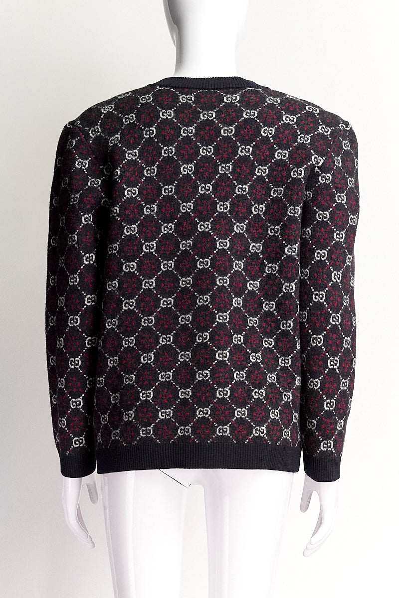 Gucci Navy/Burgundy Wool GG Monogram V-Neck Sweater L