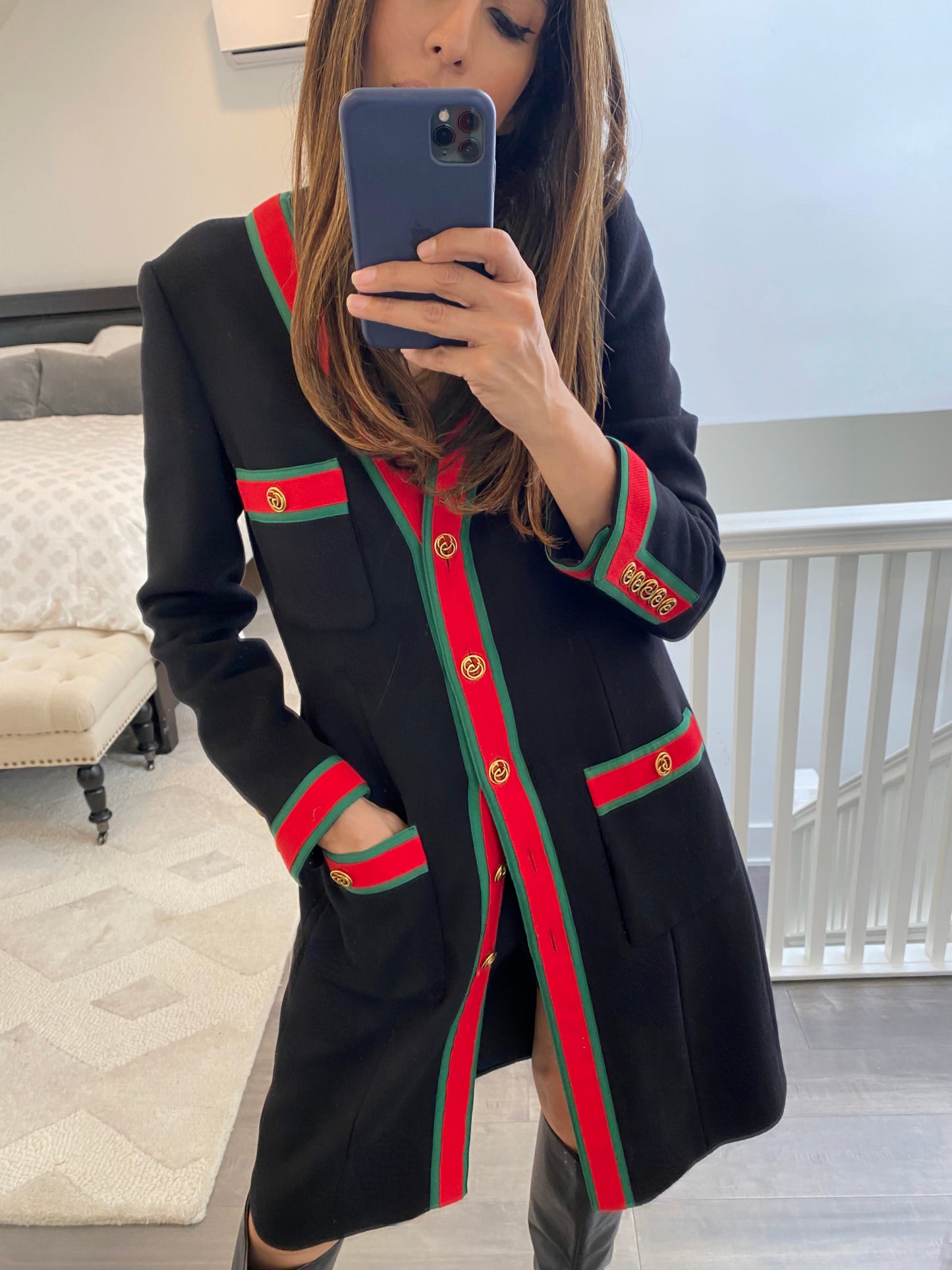 Gucci Black Button Up Coat Dress with Green/Red Striped Detail 38