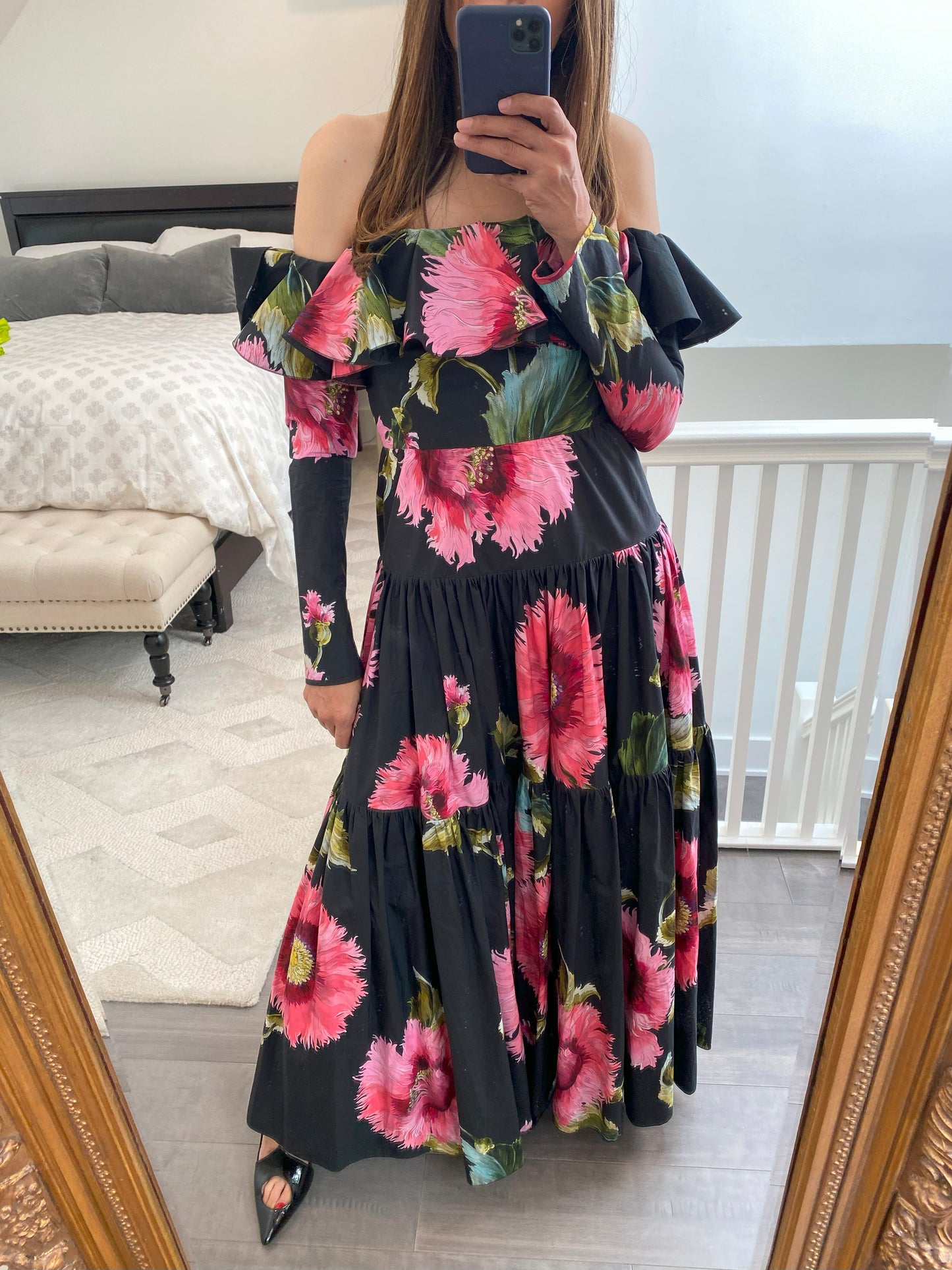 Giambattista Valli Off Shoulder Black with Pink Floral Patterned Dress 42