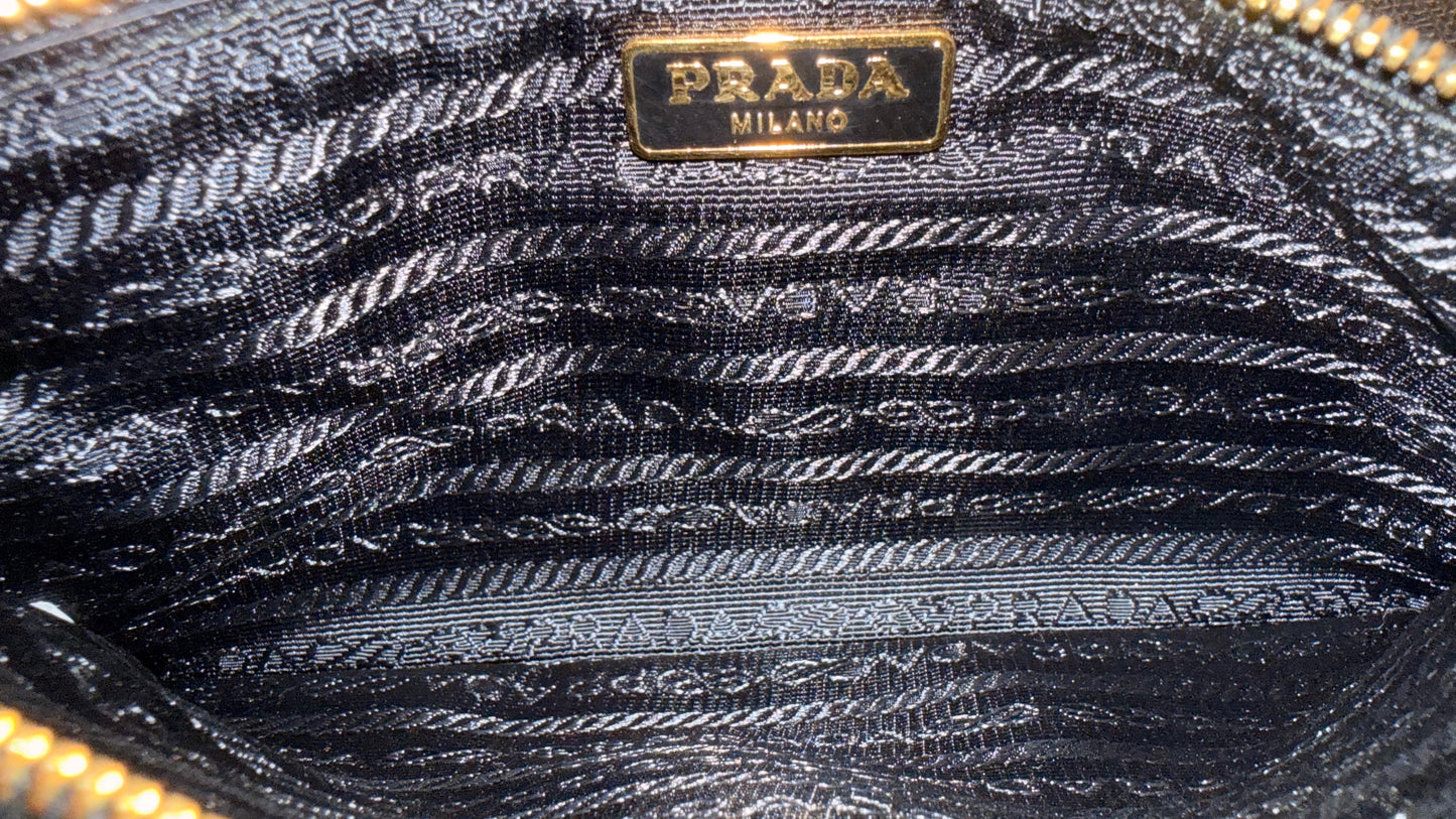 prada black leather top zip clutch with strap
