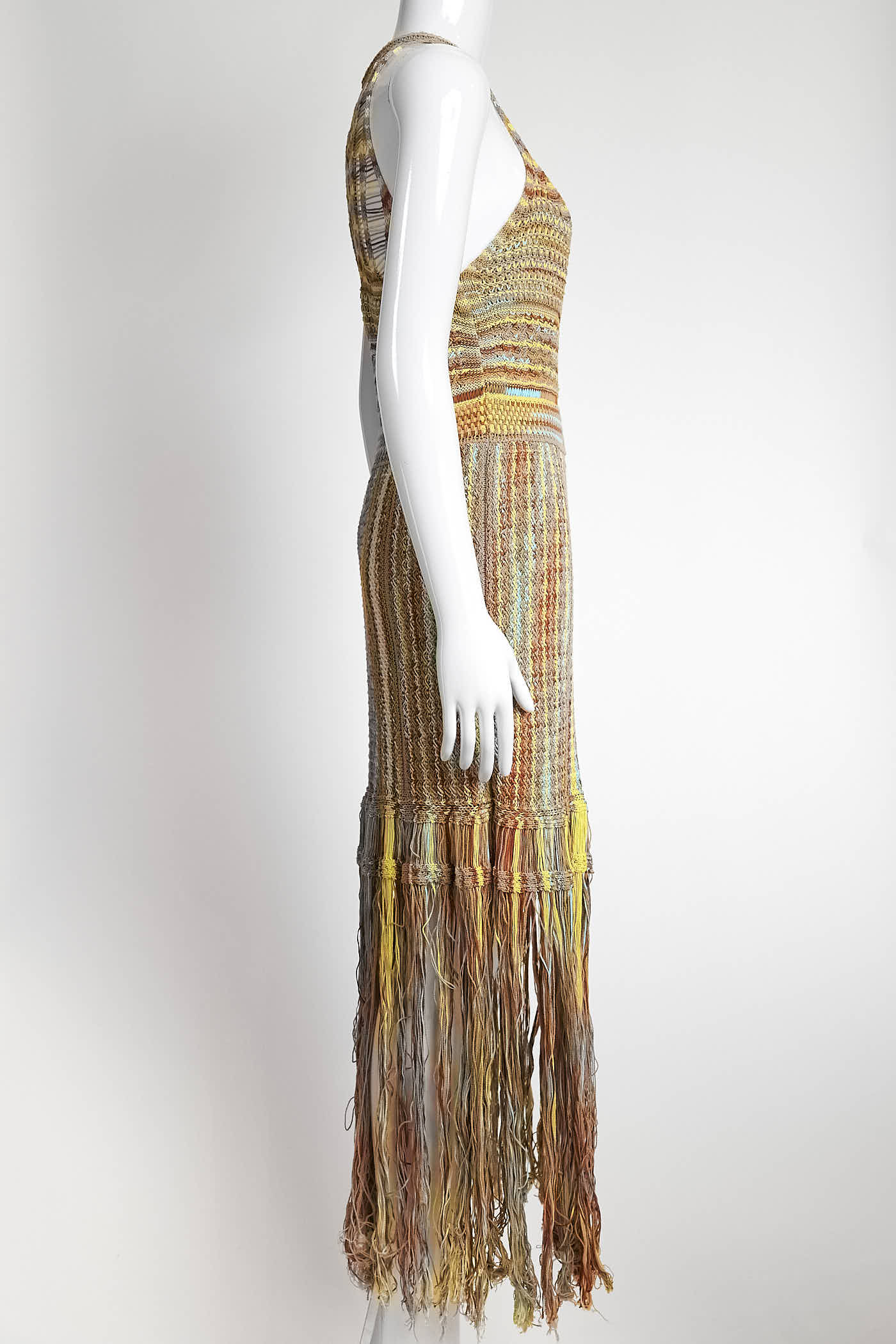 M Missoni Yellow Multicolor Crochet-knit Fringed Dress 42