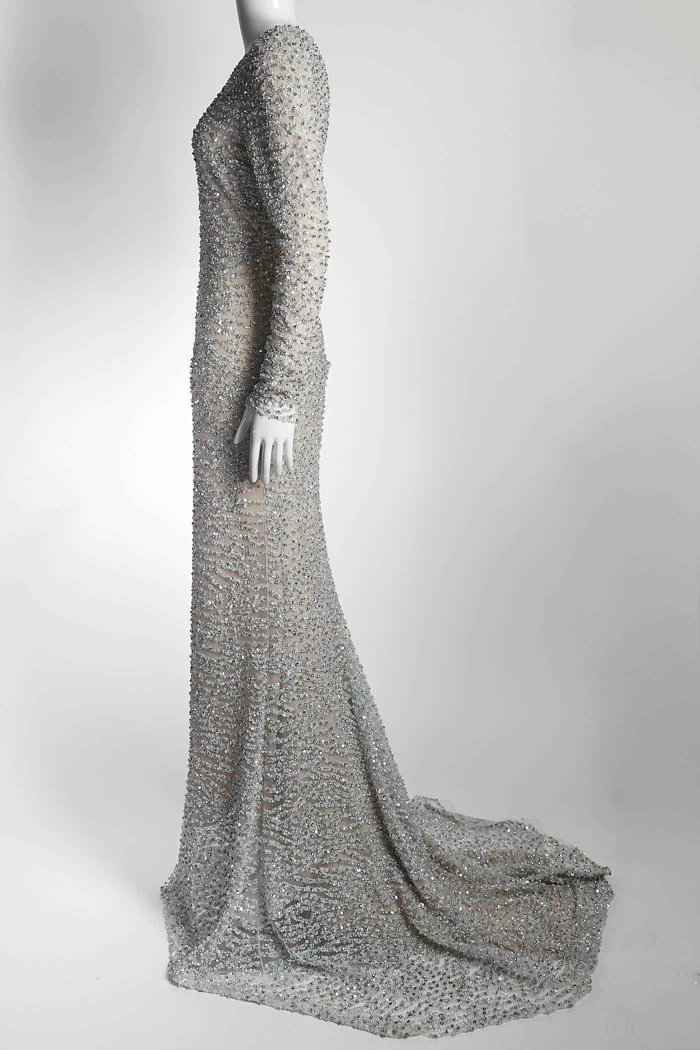 Naeem Khan Silver Sequin Evening Long Gown 4