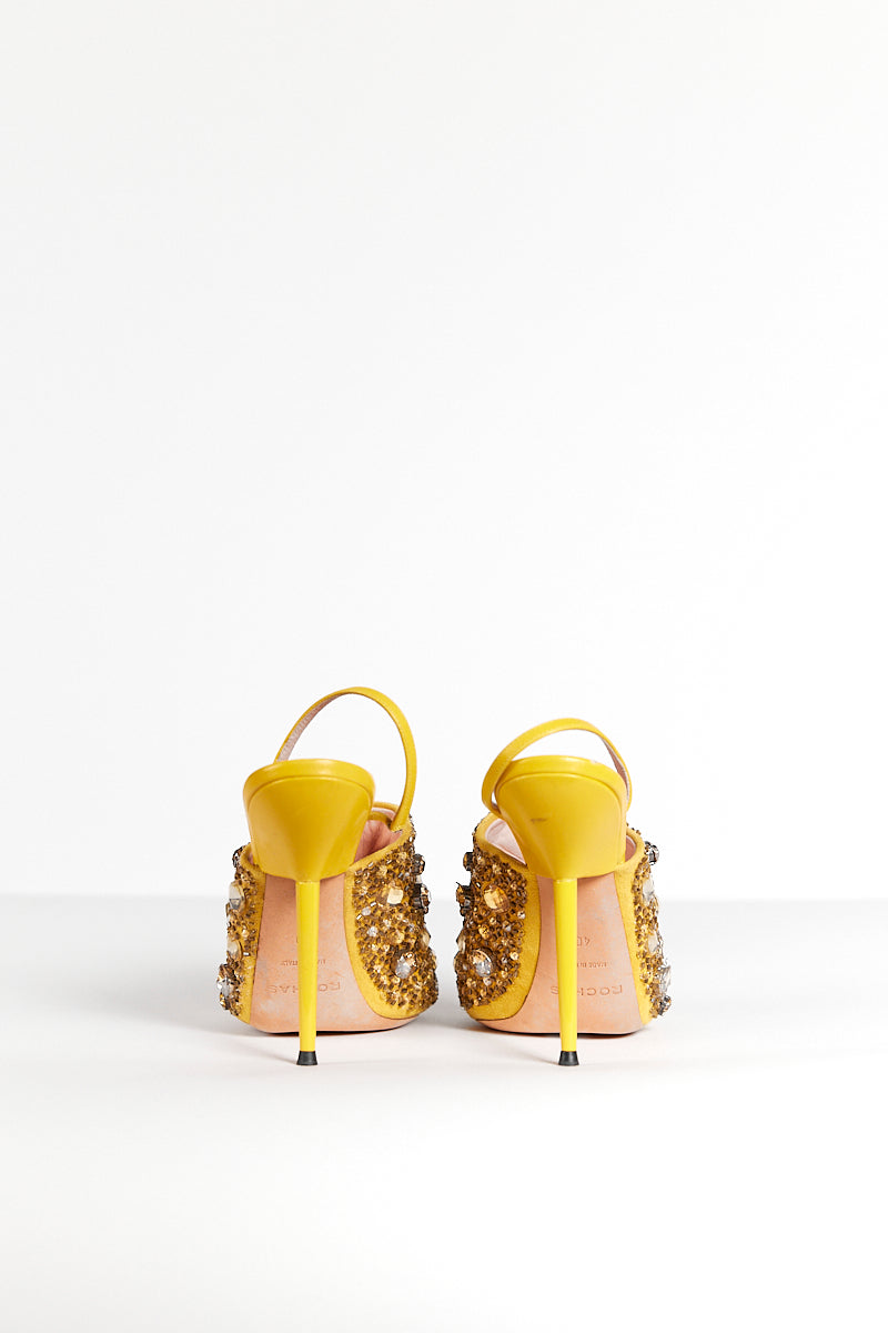 ROCHAS Crystal-embellished Yellow Leather Sandals 40