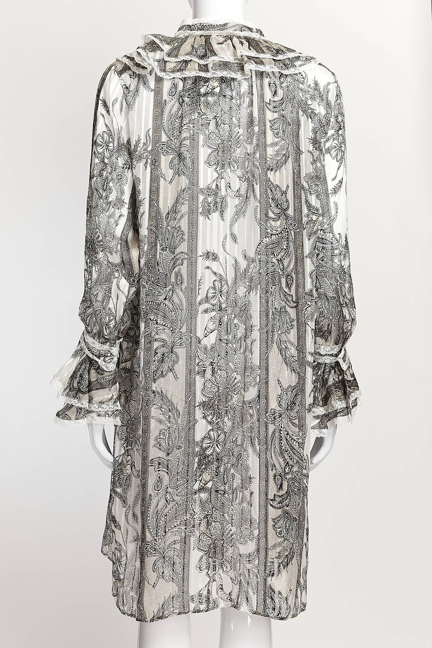 Roberto Cavalli Chiffon White/Grey Tone Paisley Print Shirt Dress 38