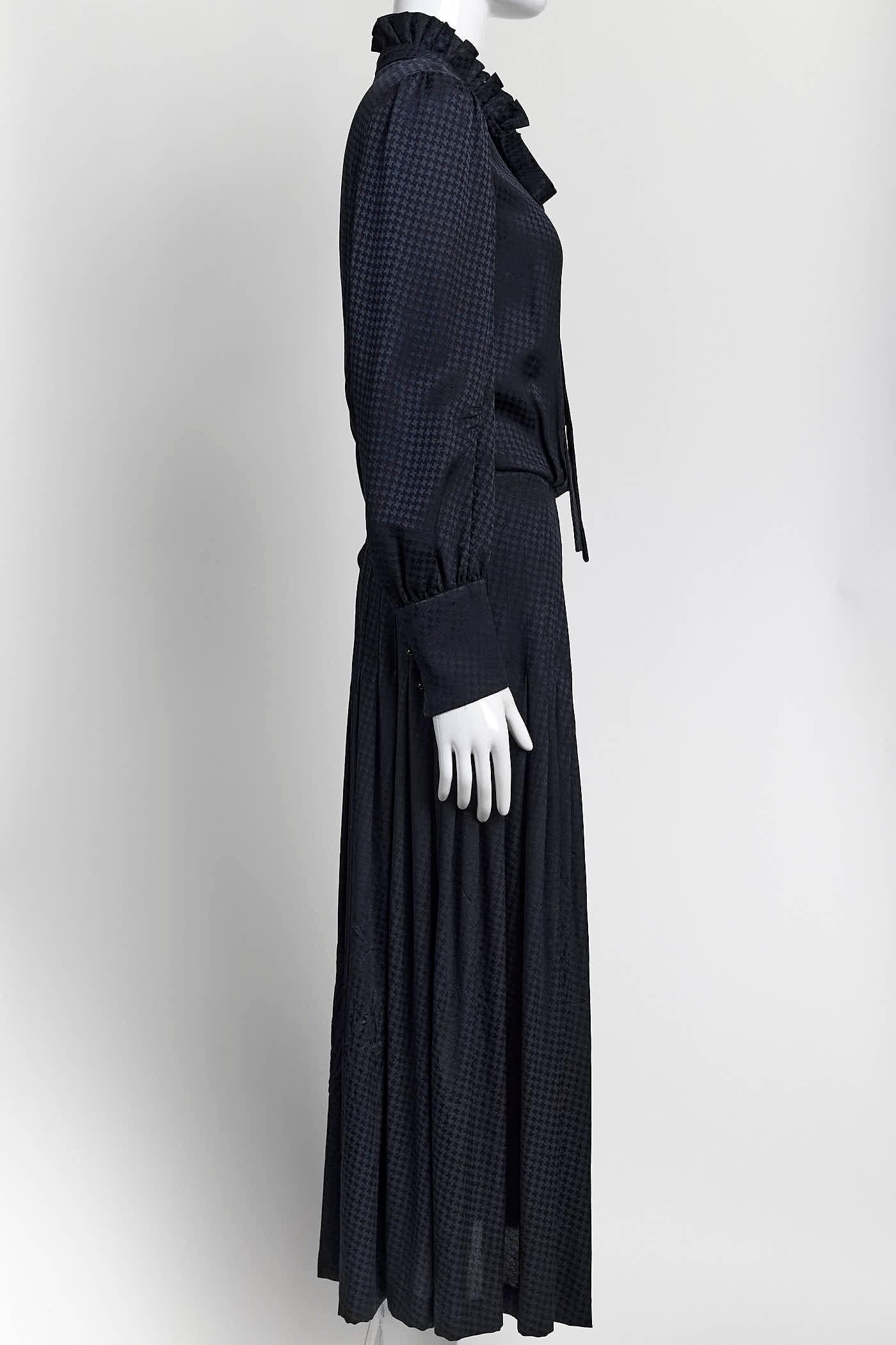 SAINT LAURENT Navy Silk Houndstooth Jacquard Long Sleeve Midi Dress 38