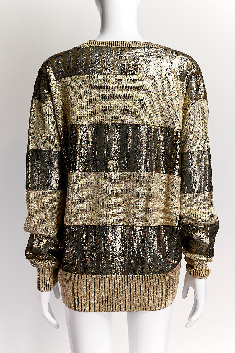 Saint Laurent Gold Striped Linen Blend V-Neck Sweater L
