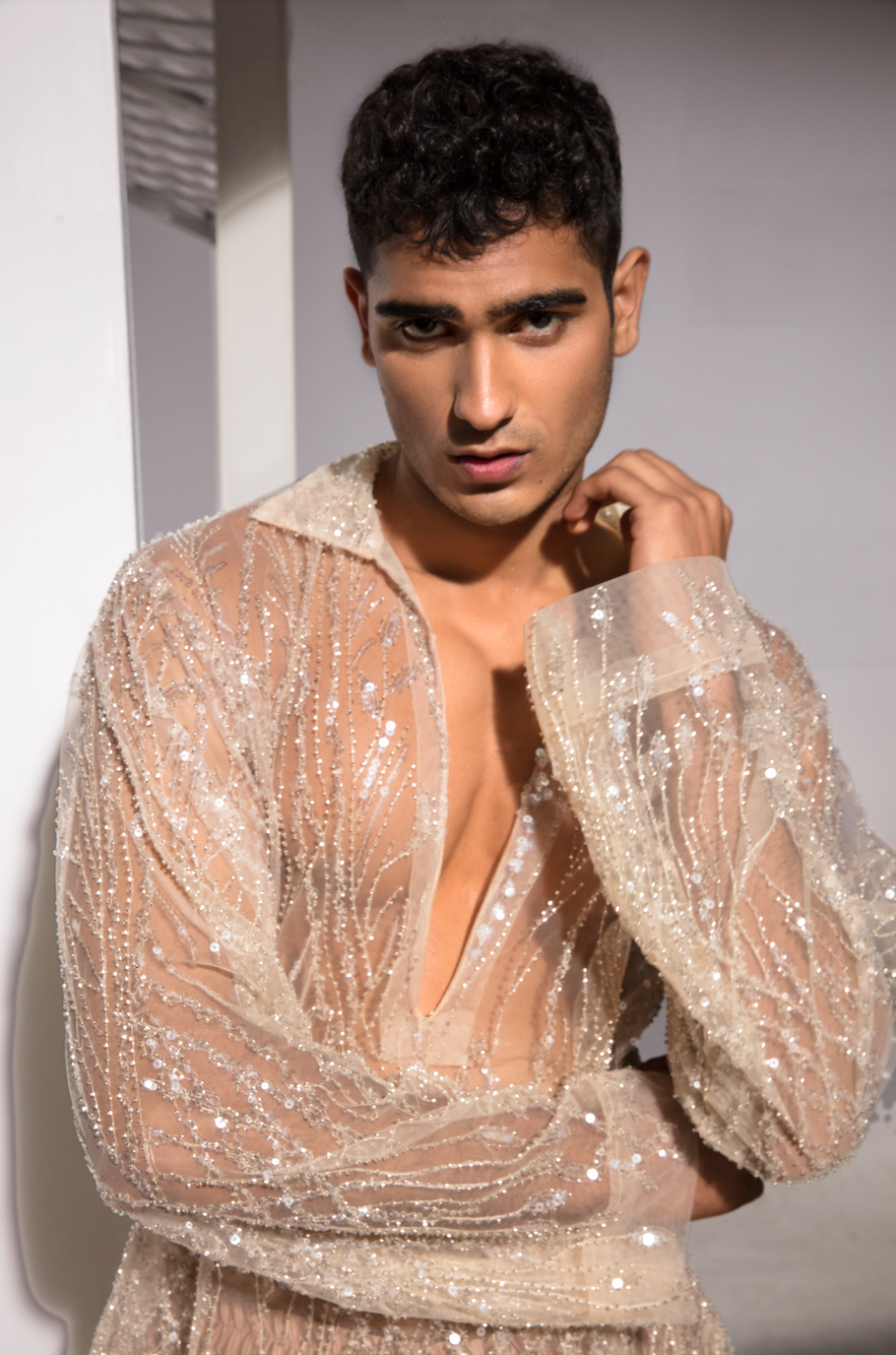 ALI HAIDER COUTURE EMBROIDERED MESH SHIRT - SIZE MEDIUM (MEN)