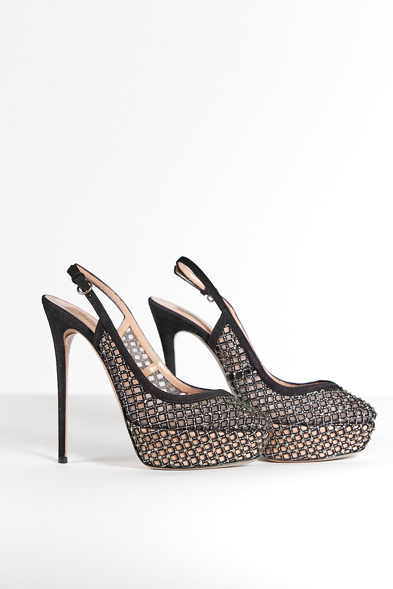Valentino Black Mesh Crystal Platform Pumps 41