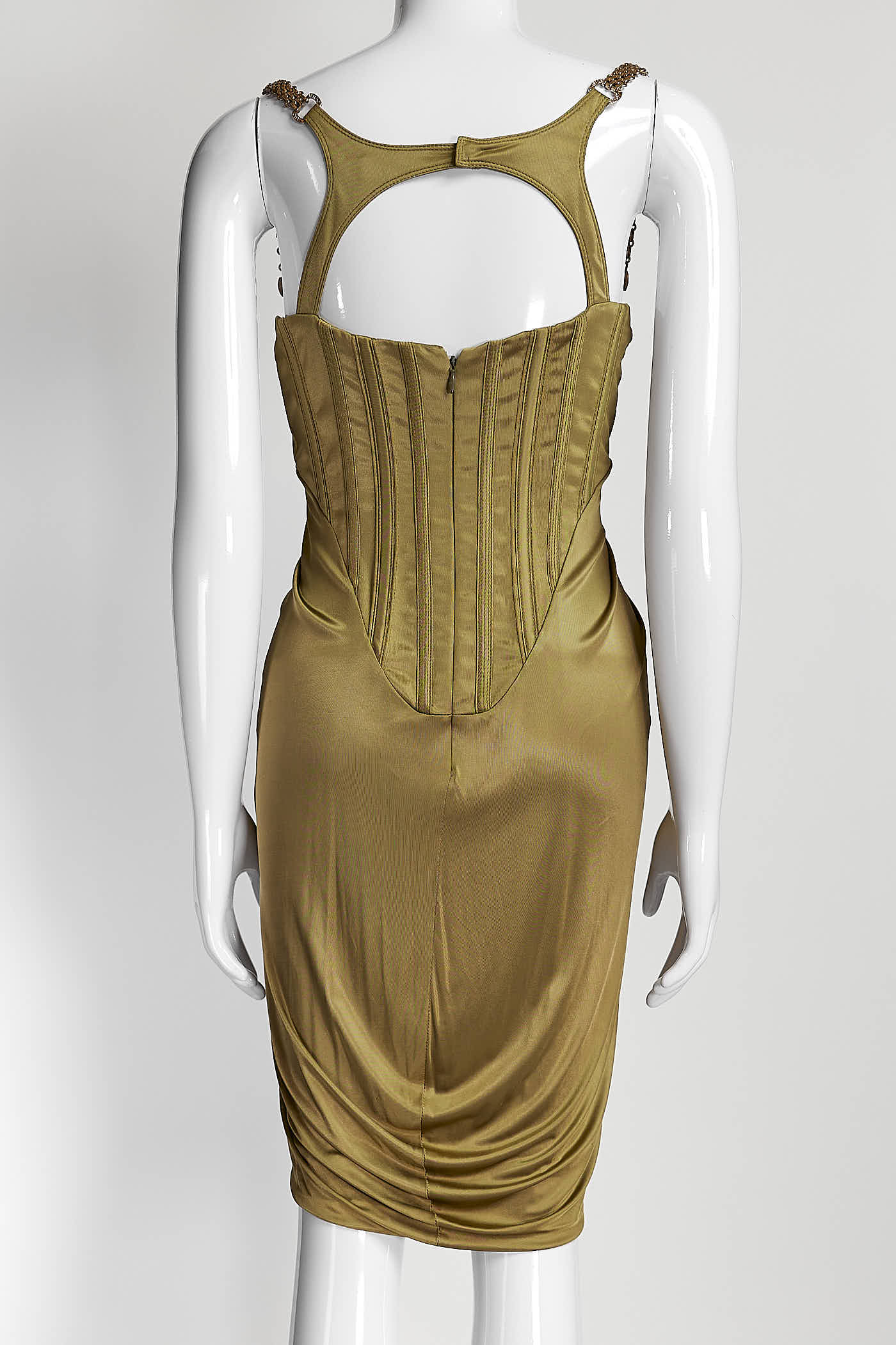 Versace Chain Embellished Olive Corset Cocktail Dress 40