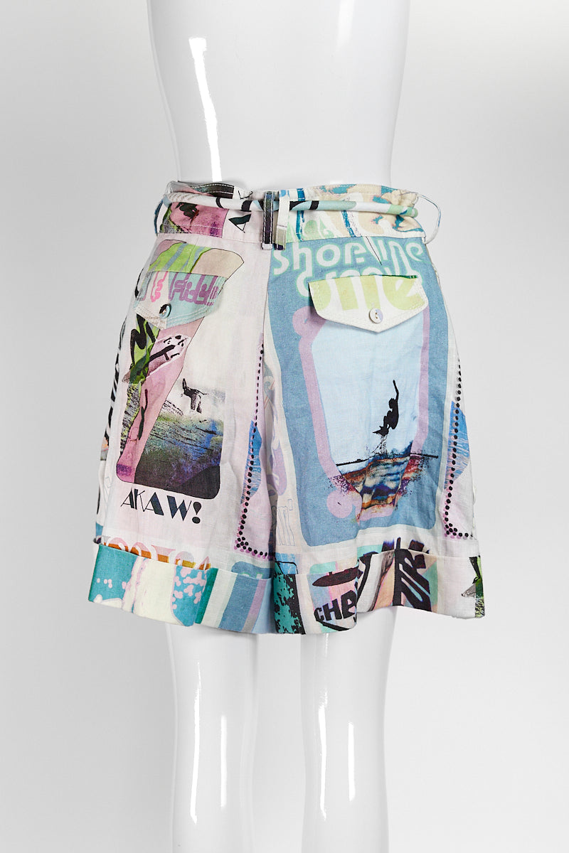 Zimmermann Glassy Belted Printed Linen Shorts In Blue AU1