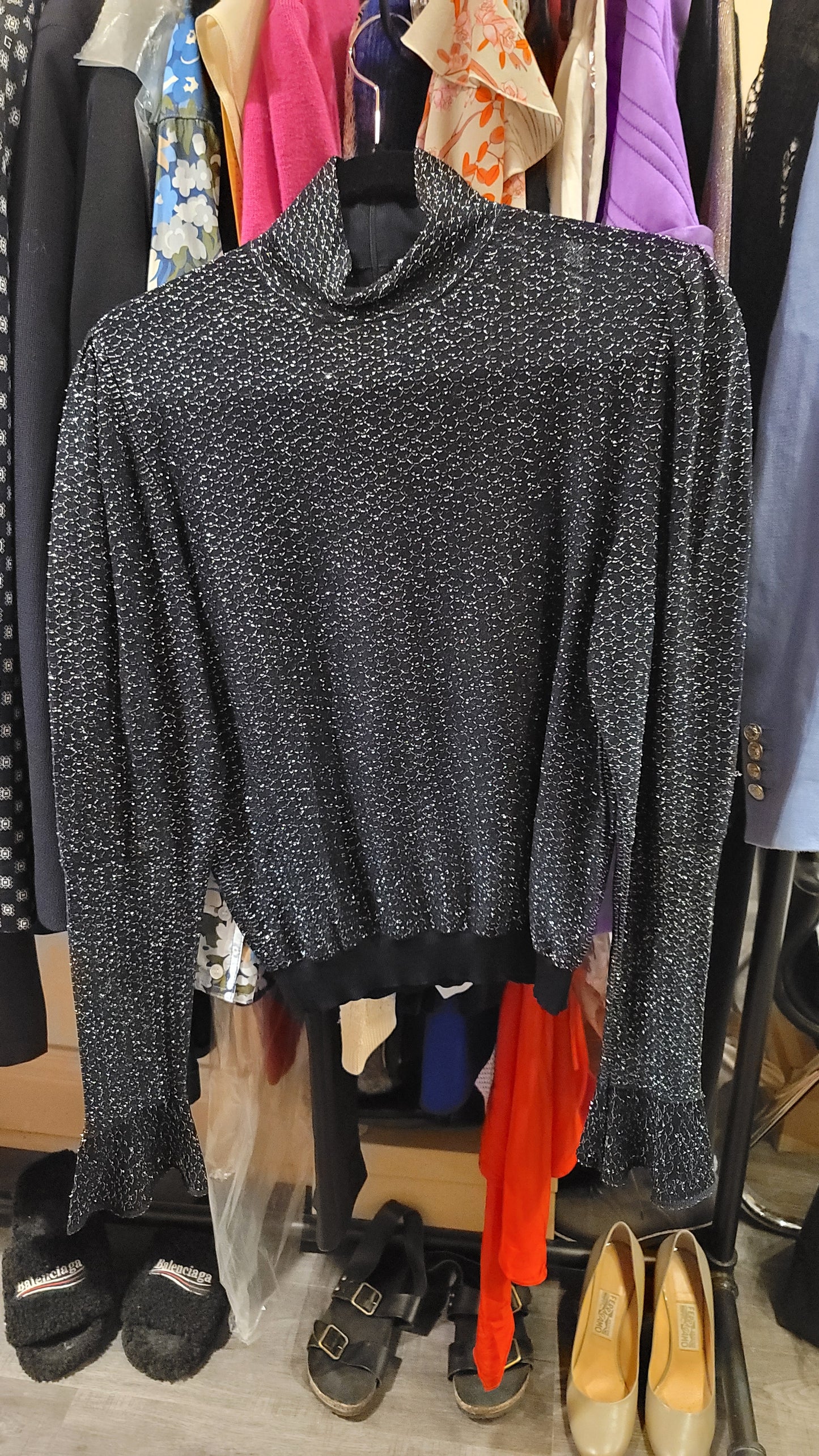 Chloe Green Metallic Mockneck Top with Frill Sleeves S