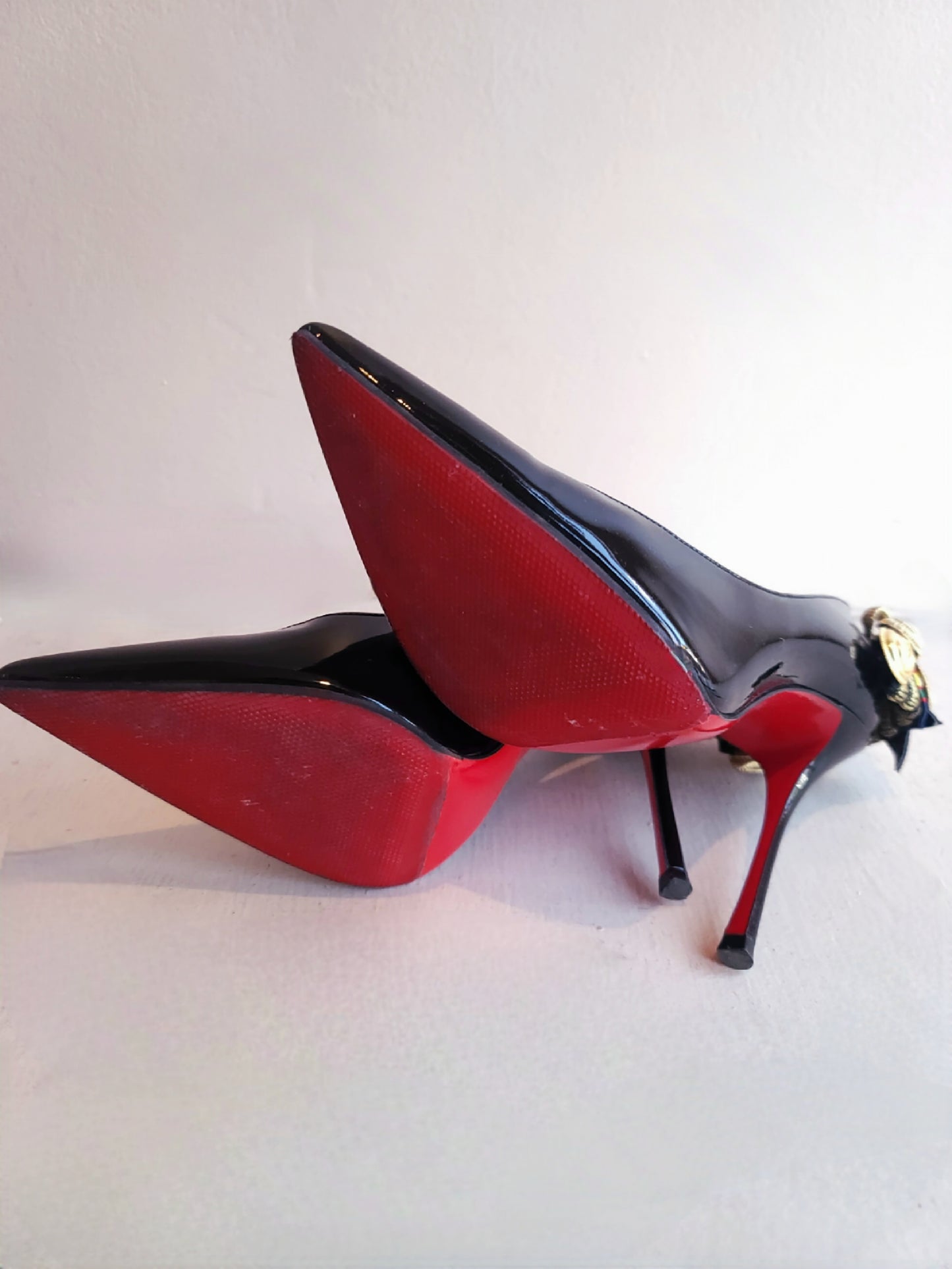 Christian Louboutin Black Patent Heels w/Military Badges and Patches 37