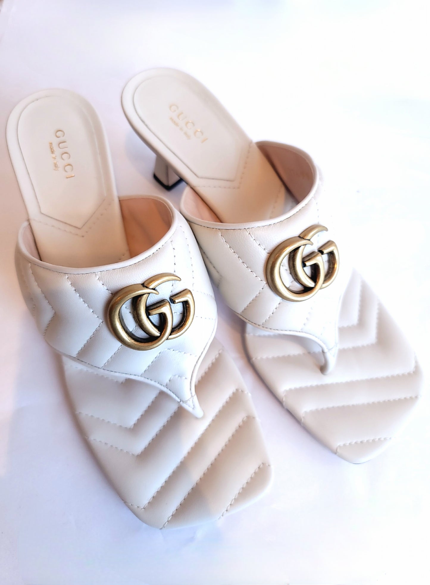 Gucci GG Marmont White Leather Sandal Heel 38.5