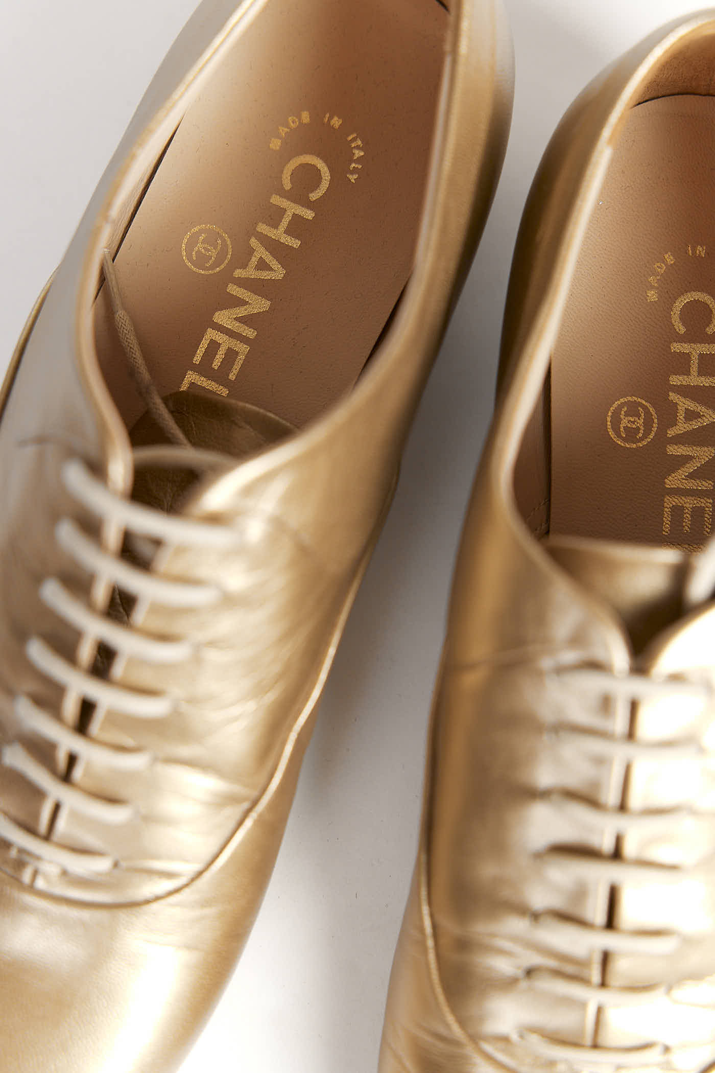 Chanel Metallic Gold Leather Cc / Pearl Oxford Shoes 38