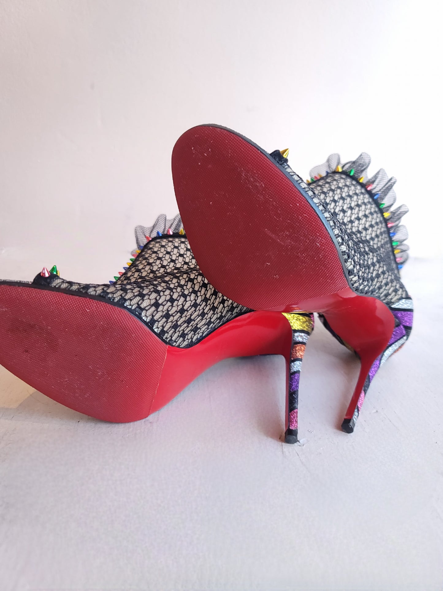 Christian Louboutin Black Lace Open Toe Booties w/Rainbow Studs Heels 37.5