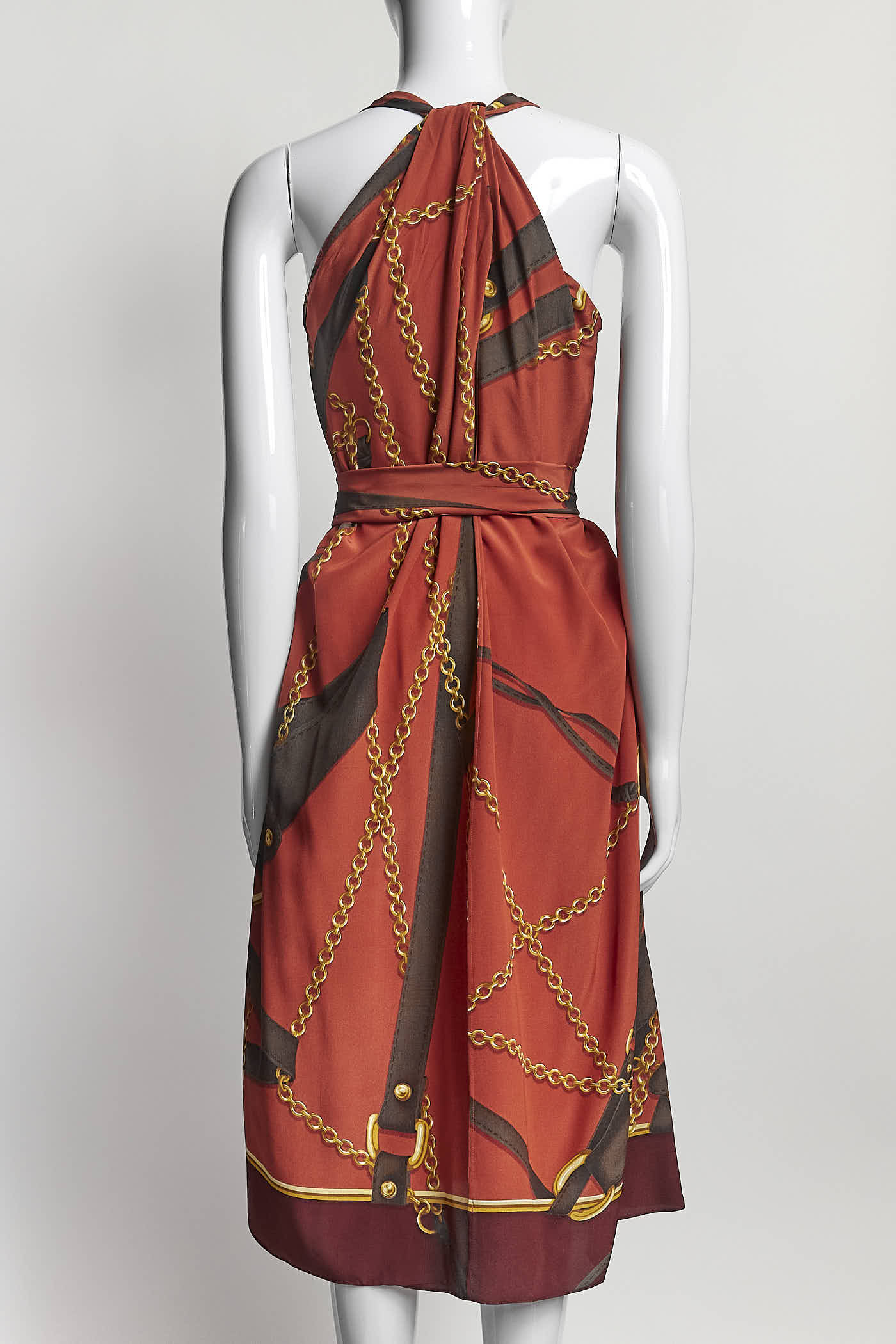 GUCCI 2011 Pure Silk Copper & Gold Chain Print Dress 38