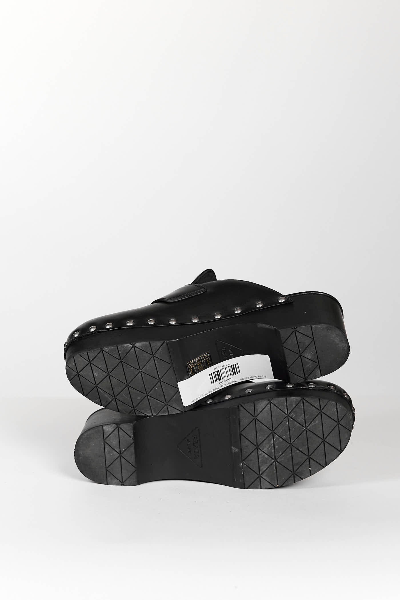 Prada Black Leather Studded Logo Platform Clog Mules 38
