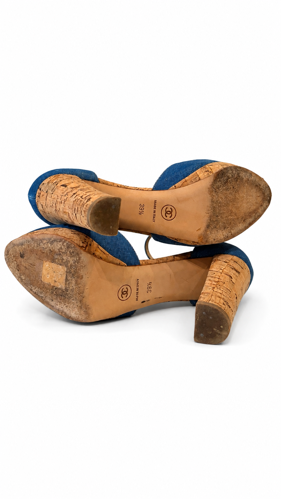 CHANEL BLUE DENIM CORK HEELS WITH LEATHER LOGO - SIZE 39.5
